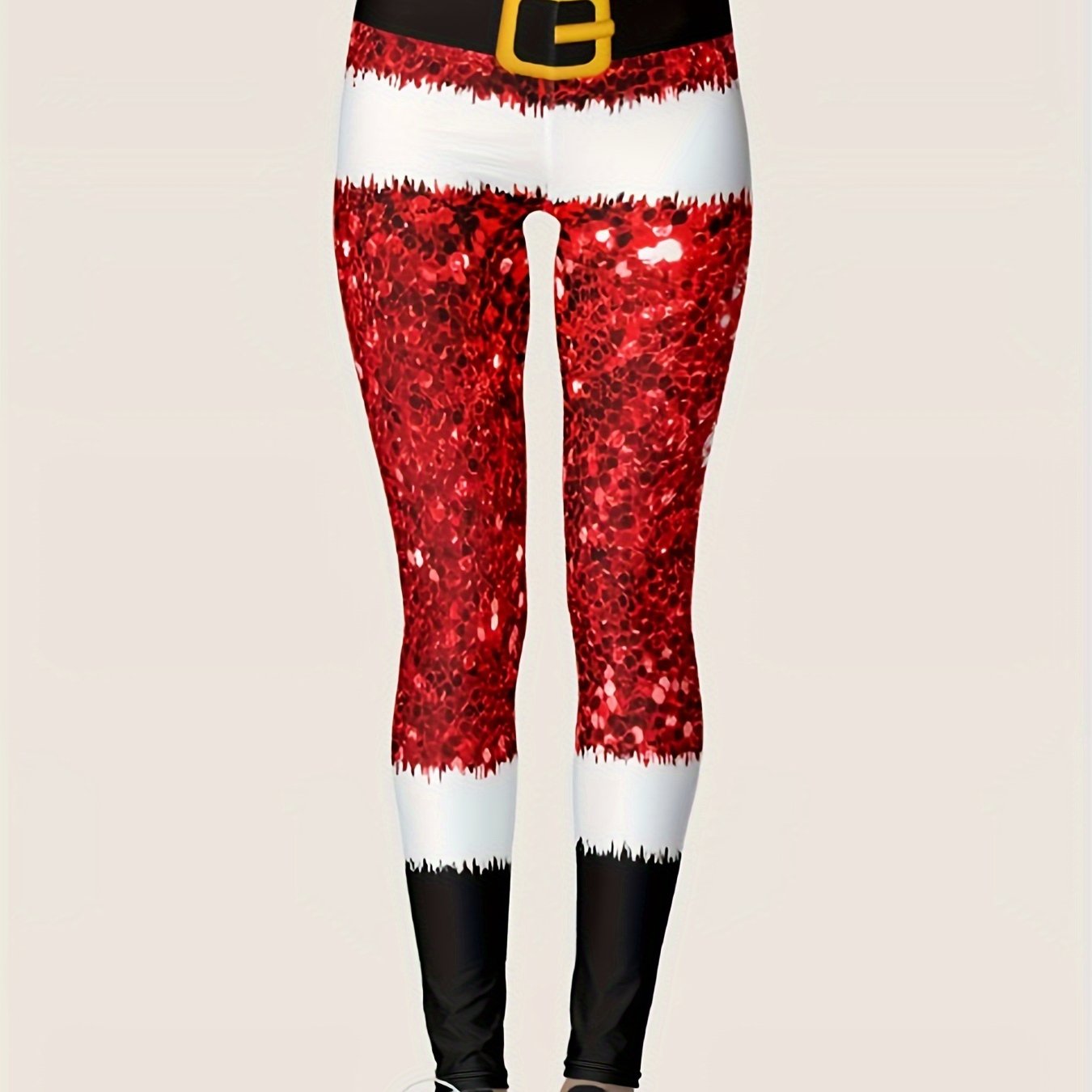 TEMU Christmas Red Sequin Print -waisted Leggings - And Elastane Blend, Fit, , Stretch , Suitable