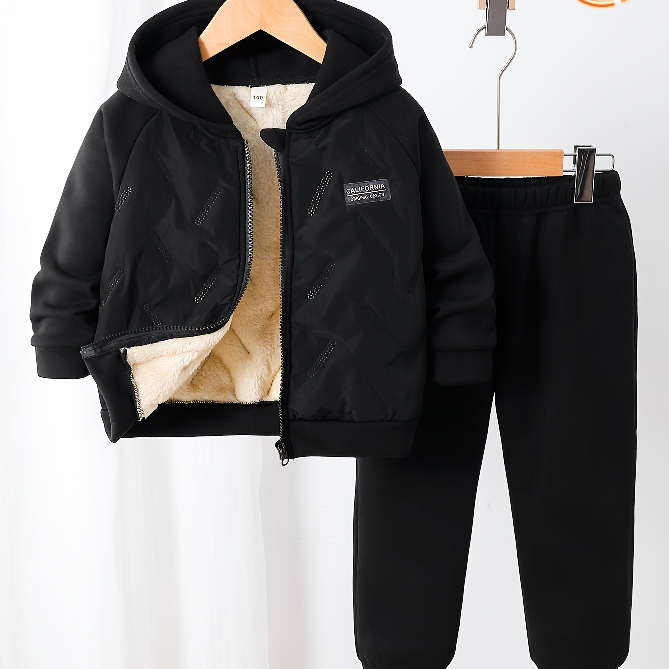 TEMU Conjunto de 2 piezas para niño: superior abrigada de moda con cuello abierto al y estampado de color liso en //caramelo para otoño/invierno, y