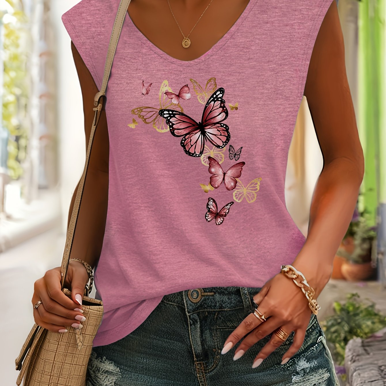 TEMU V-neck Sleeveless T-shirt With A Multi- Combination Print Featuring A Pink-purple Gradient And Golden Decorative Elements. Made Colored, And