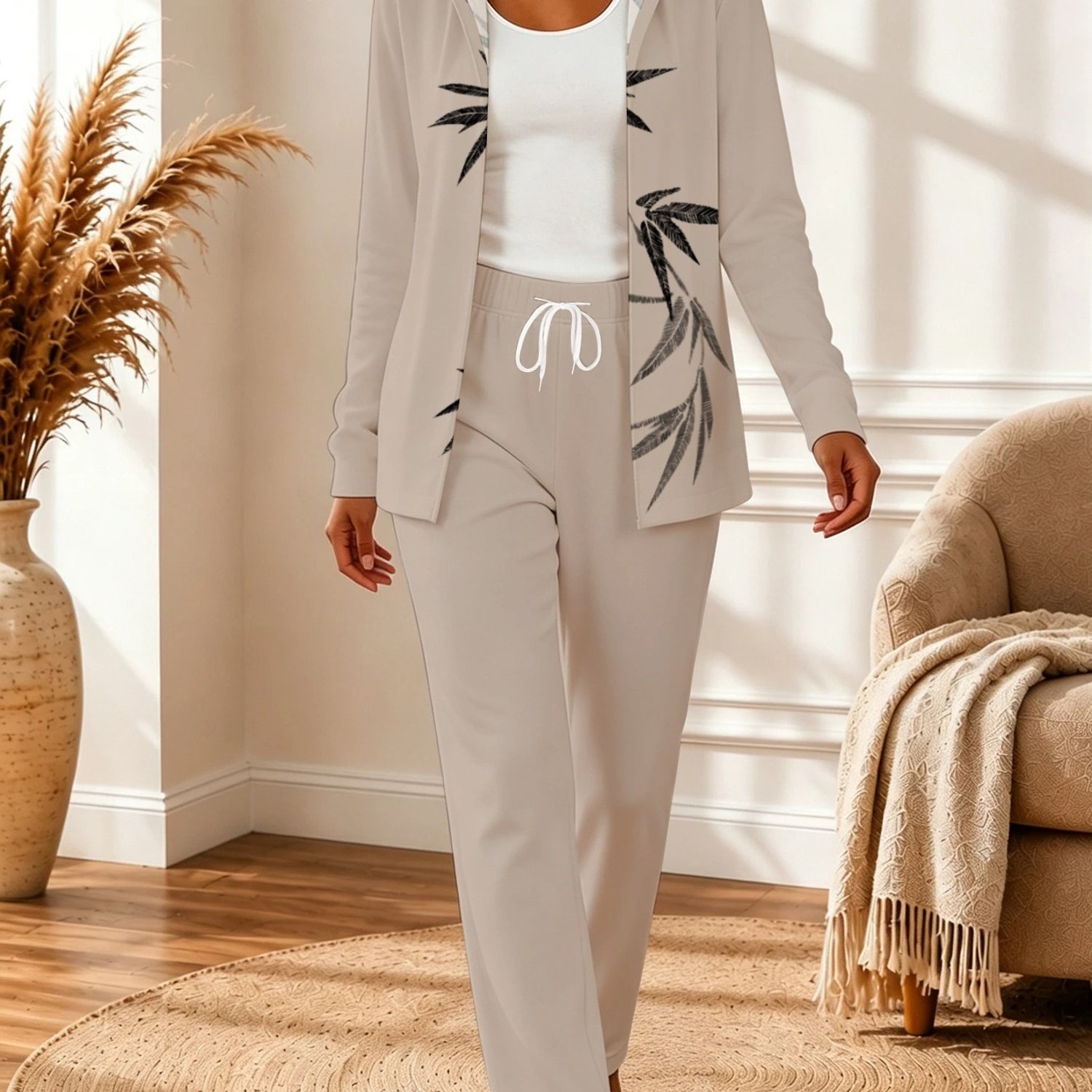 Image of 2pcs Women's Bamboo - Themed Pants Set, Elegant , , Suitable For Daily Wear, Dating, Work, Add A Sense Of And To