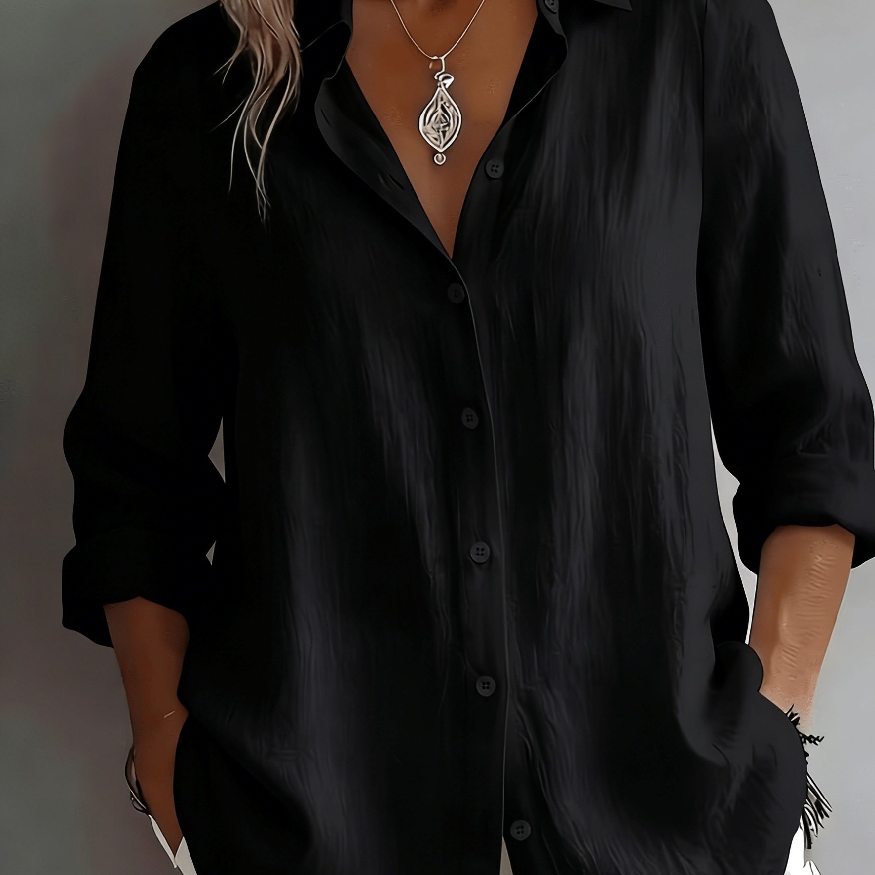 TEMU Plus Size - Damen Plus Size Strukturierter Lockerer Einfarbiger Hemd, Elegantes Und, Vielseitiges Basic-Shirt für Pendeln