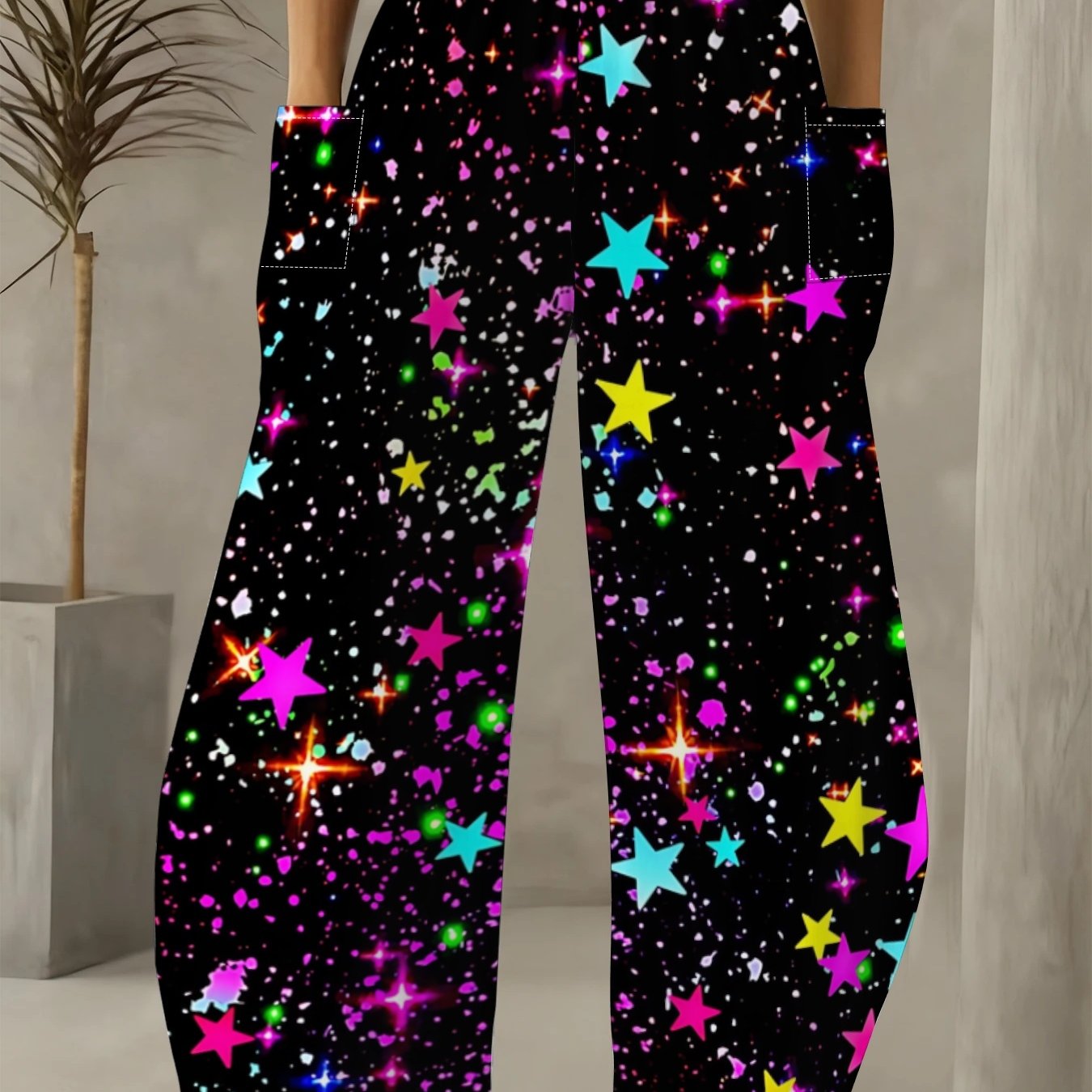 TEMU Women's High-waisted Wide-leg Trousers With Neon Star & Sequin Print - Loose-fit Pants Suitable For Daily Commuting, Pockets, Machine Washable
