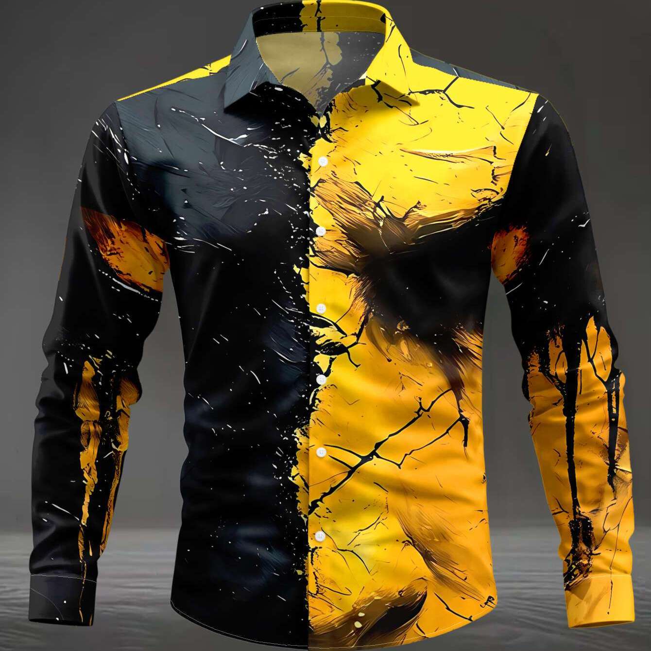 TEMU 's Long-sleeve Shirt With Golden And Black Cracked Surface, Flame-eye Liquid Seepage, And Pattern, Versatile Commuter And Casual Top, Machine