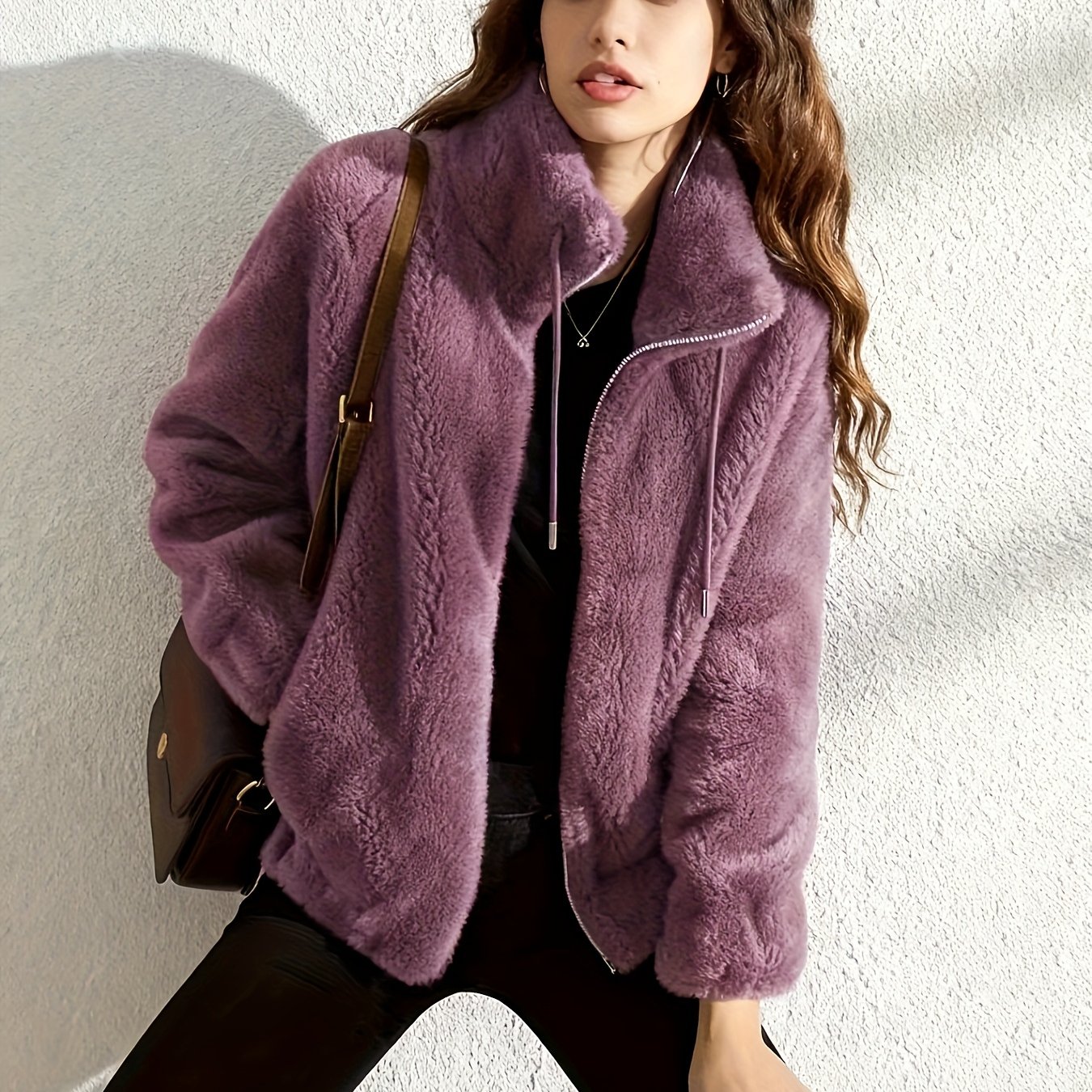 TEMU Plus Size - Plus Size - Coral Velvet Jacket For Women 2025 New Hot Autumn And Winter Plus Furry Stand Collar Cardigan Double-sided Fleece Fleece