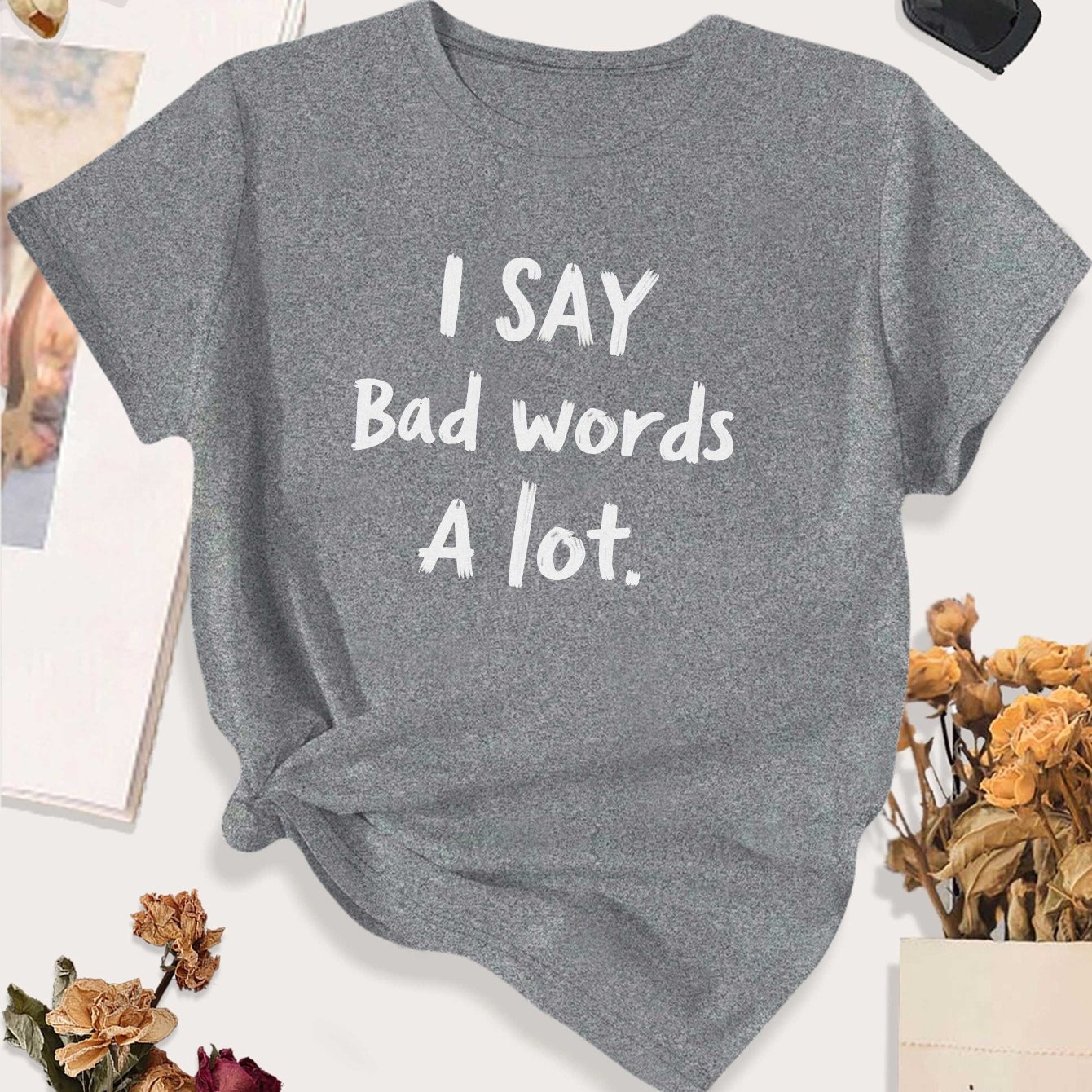 TEMU Women's Large Size Funny Swear Word T-shirt - Bad Language Round Neck Top, Edgy Humor For Parties & Casual Attire, Machine Washable Comfortable
