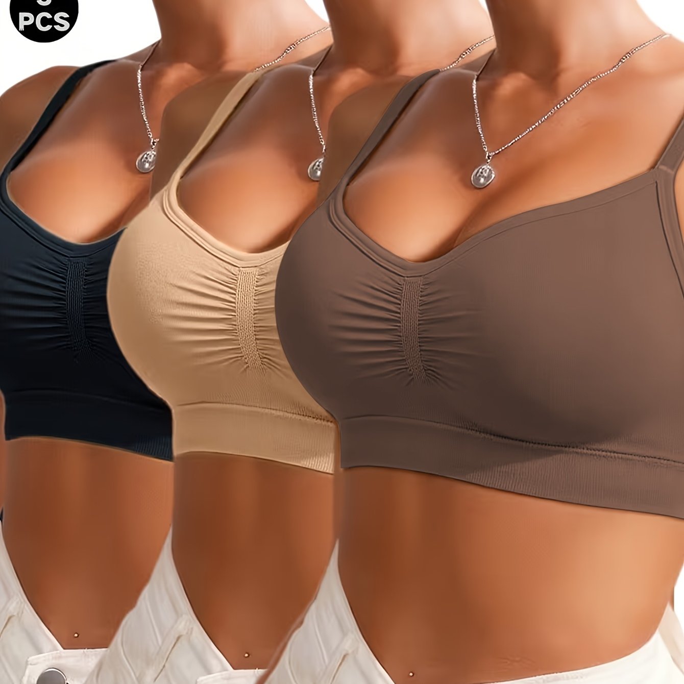 Image of 3pcs Soft Breathable Seamless Wire-free Women's Shaping Bra, Full Coverage Deep Cup For Large Busts, Hides Back With Removable Pads, Control Bra For Yoga, Running, And Sports Tank Tops