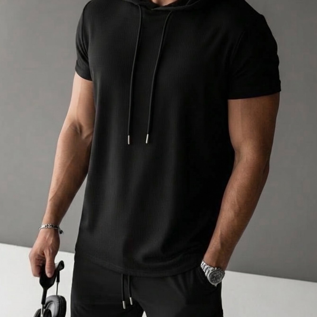 TEMU Men's Drawstring Short Sleeve Hoodie - Style Men's Hooded Athletic Short Sleeve T-shirt, High-elastic Wrinkle-resistant Fabric Farewell To