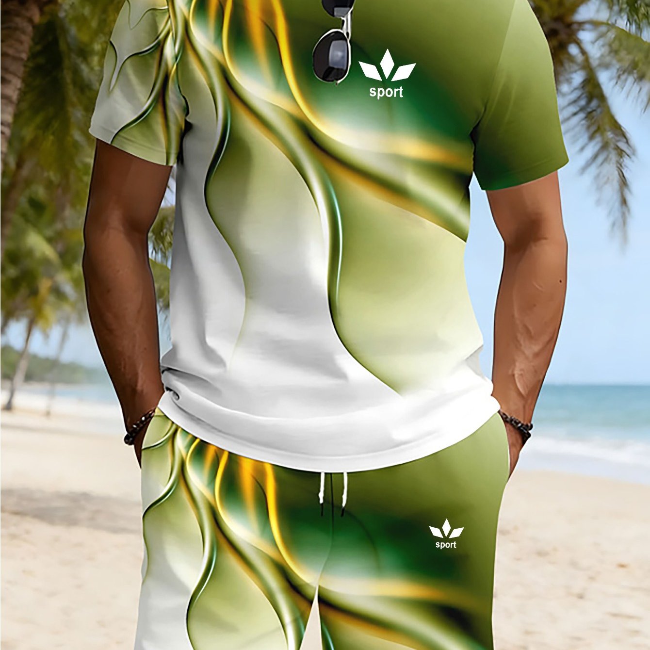 TEMU Herren Casual Strandoutfit Kurzarm T-Shirt Shorts 2-teiliges Set, Lebendiges Freizeitoutfit, Schnelltrocknend Atmungsaktiv für den Strandurlaub,