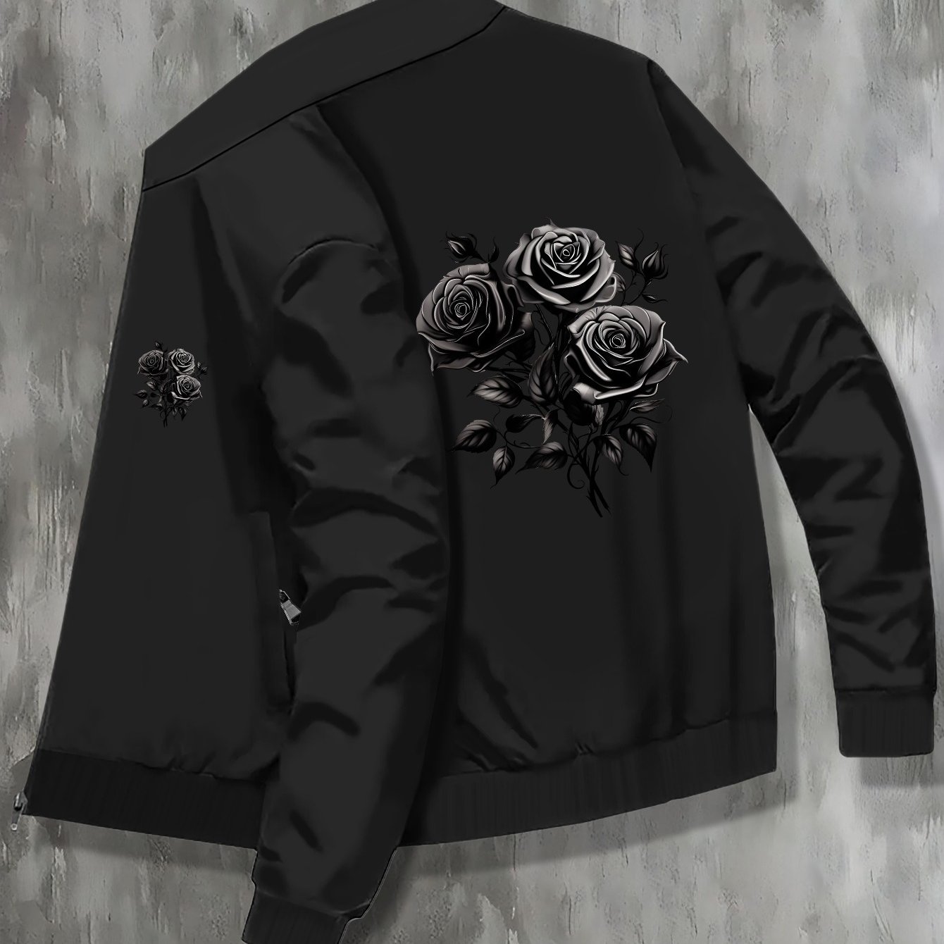 TEMU Black Flowers Print Men's Stand Collar Varsity Jackets, Casual Fashionable Lightweight College Style Jackets
