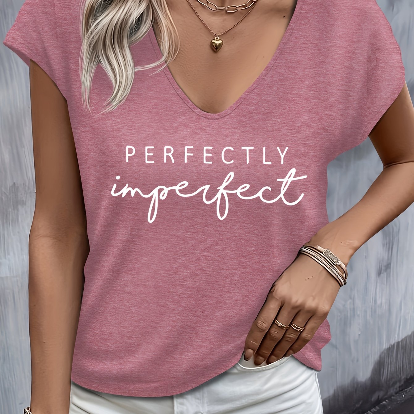 TEMU Casual Sleeveless V-neck T-shirt With A Short Sleeve Featuring '' In Letter Print