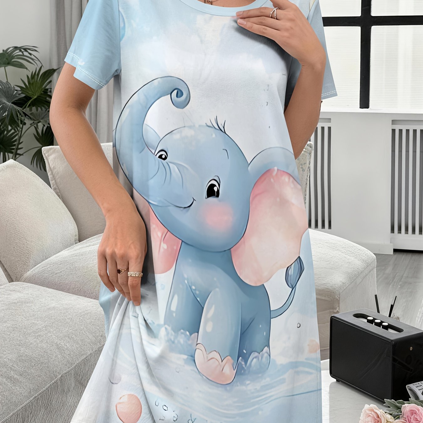 TEMU Women's Nightgown, Cartoon Elephant Printed Decorative Loungewear Nightgown, Comfortable For Home Use, Ladies' Nightdress, Elegant Women's