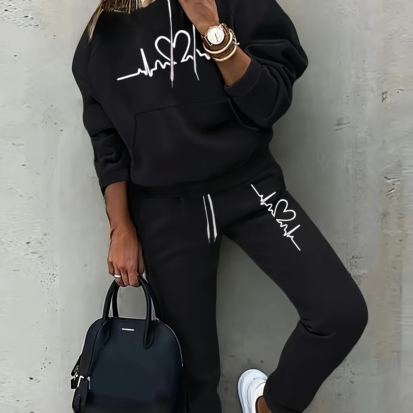 Autumn And Print Two-piece Set, Women's Casual Long-sleeve Sweatshirt And Drawstring Jogger Pants Set