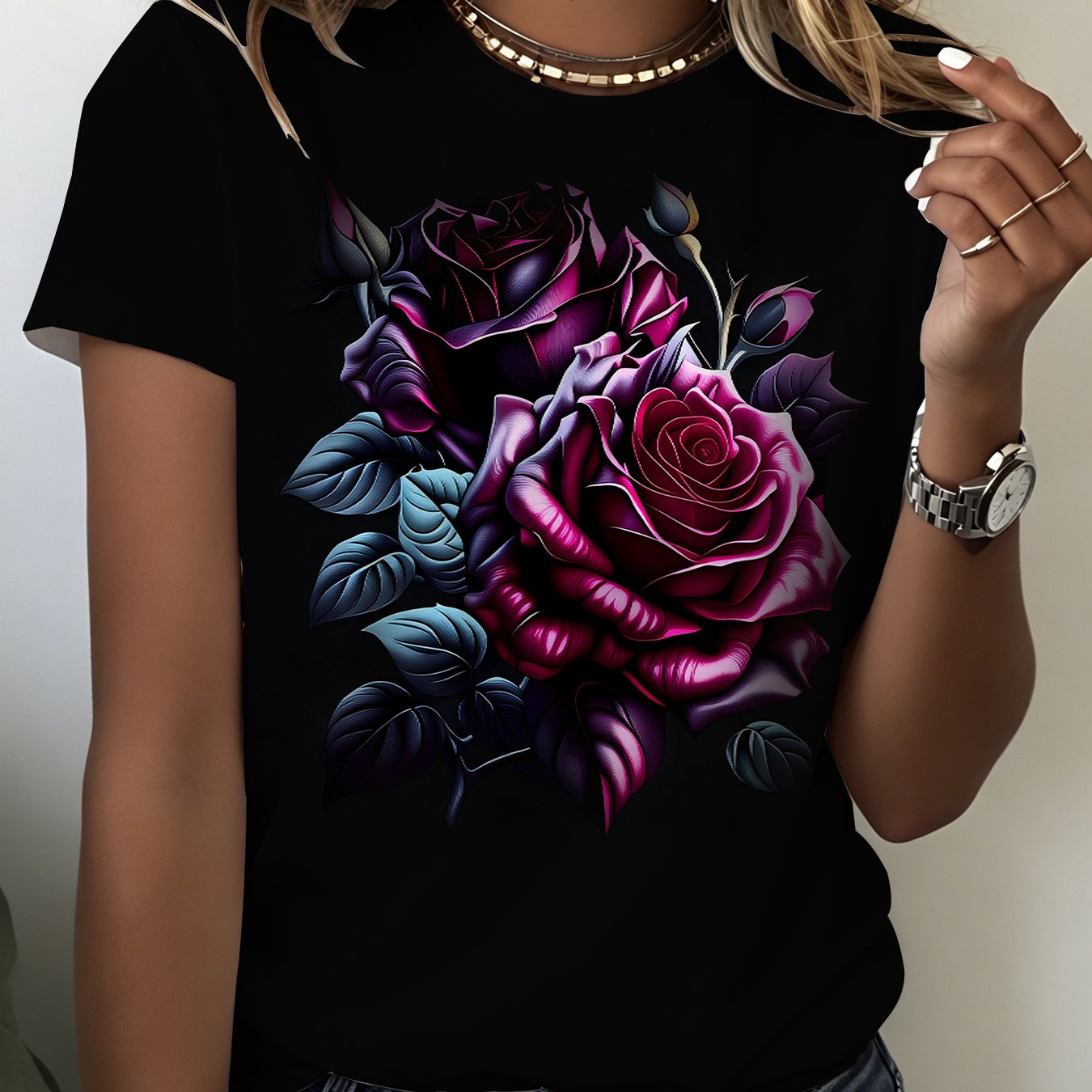 TEMU Deep Purple Rose Pattern Fashion T-shirt, Women's Casual Elegant Short Sleeve Top, Floral Pattern Printed T-shirt, -garde Style Top