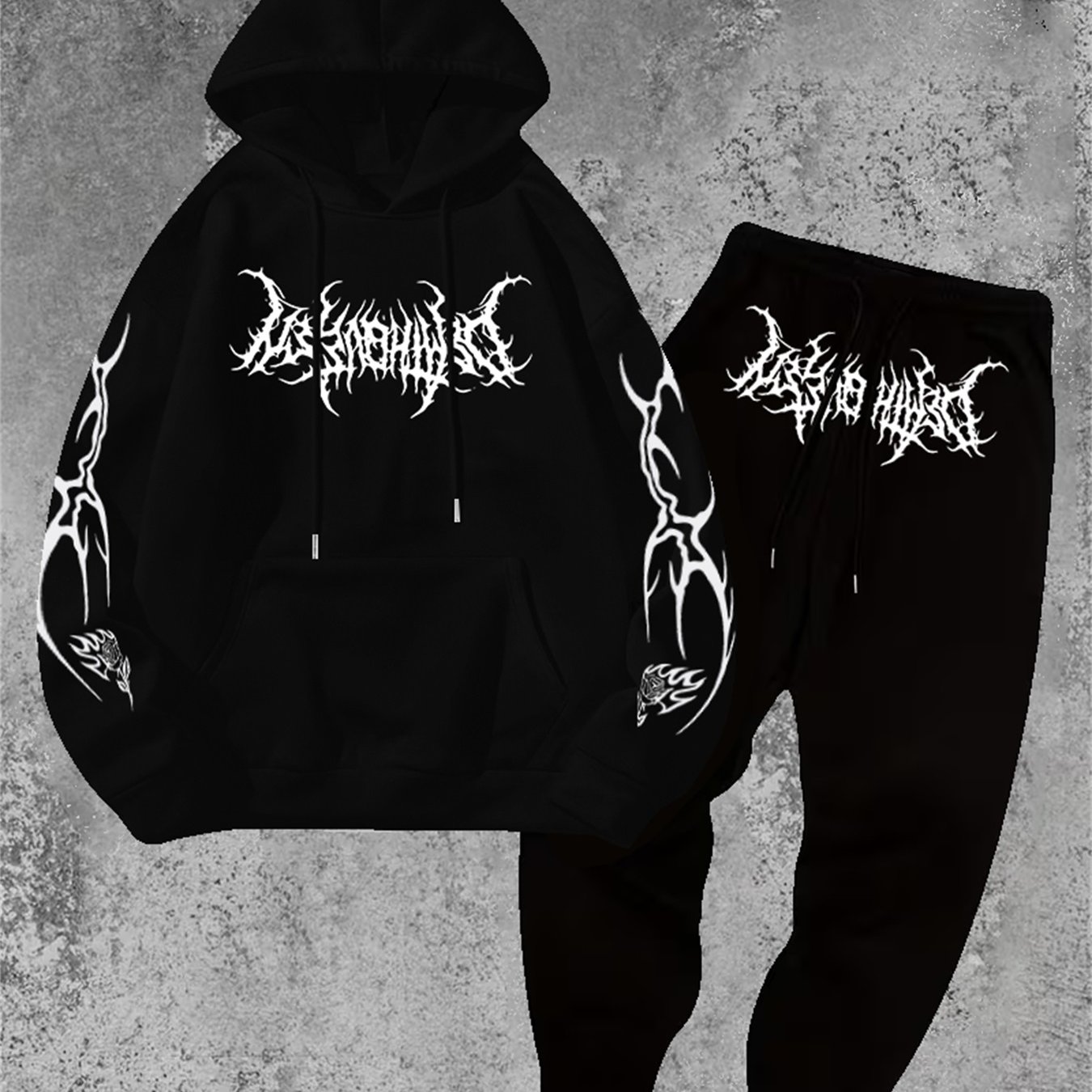 TEMU Dark Style Thorn Print Hooded Sweatshirt Set - Trendy 2pcs Loose Fit Sportswear Set From A Streetwear Brand, Versatile For Outdoor