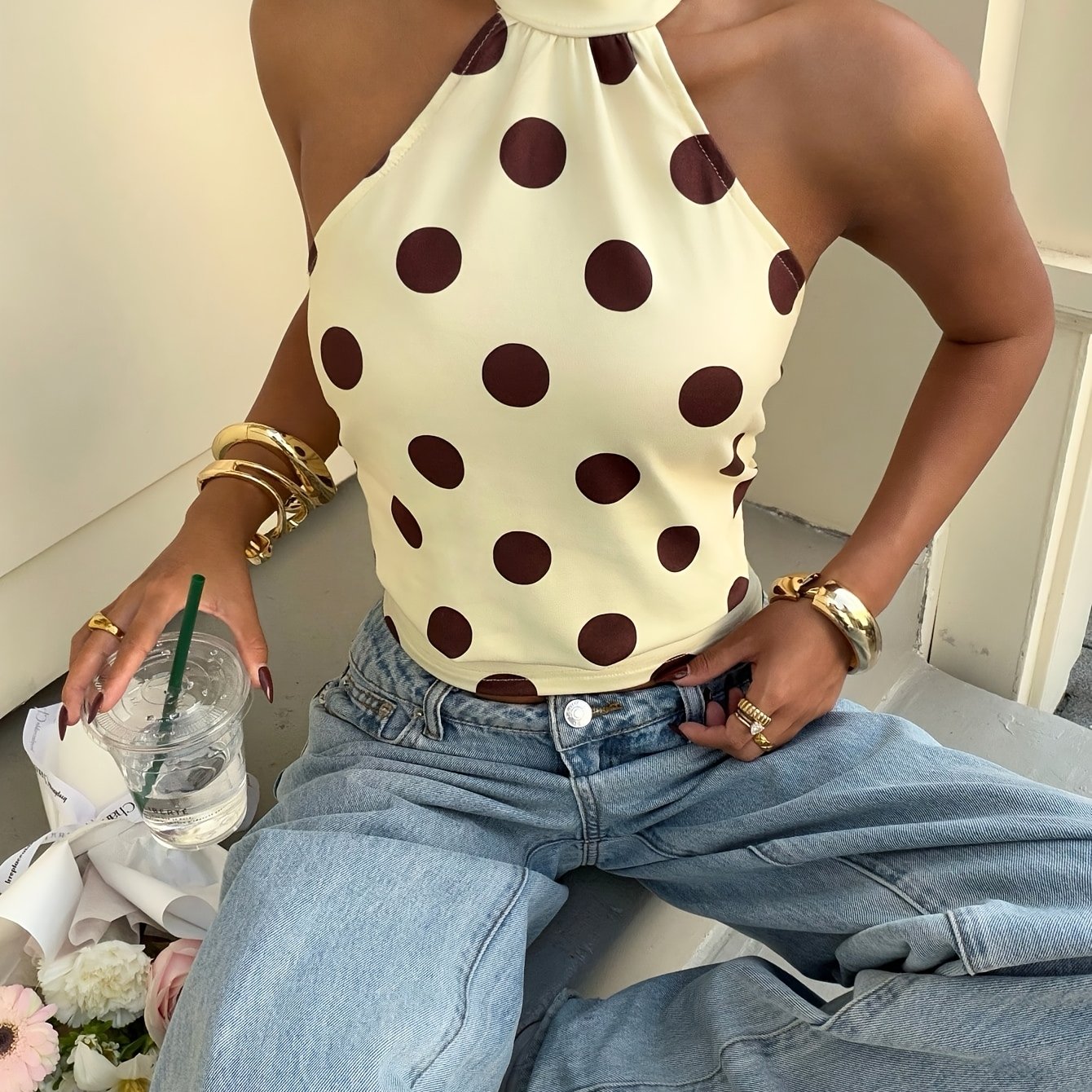 Image of Vintage Polka Dot Halter Neck Crop Top, Spicy Sister Short Sleeve Top
