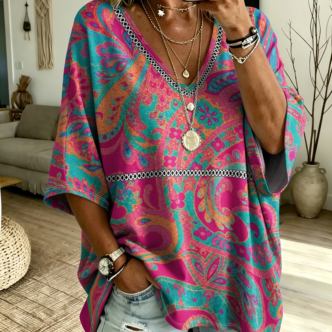 TEMU Plus Size, Bohemian Style Printed Plus Size Women's V-neck Batwing Sleeve T-shirt, Vintage Paisley Floral Print Loose Fit Casual Top, Summer