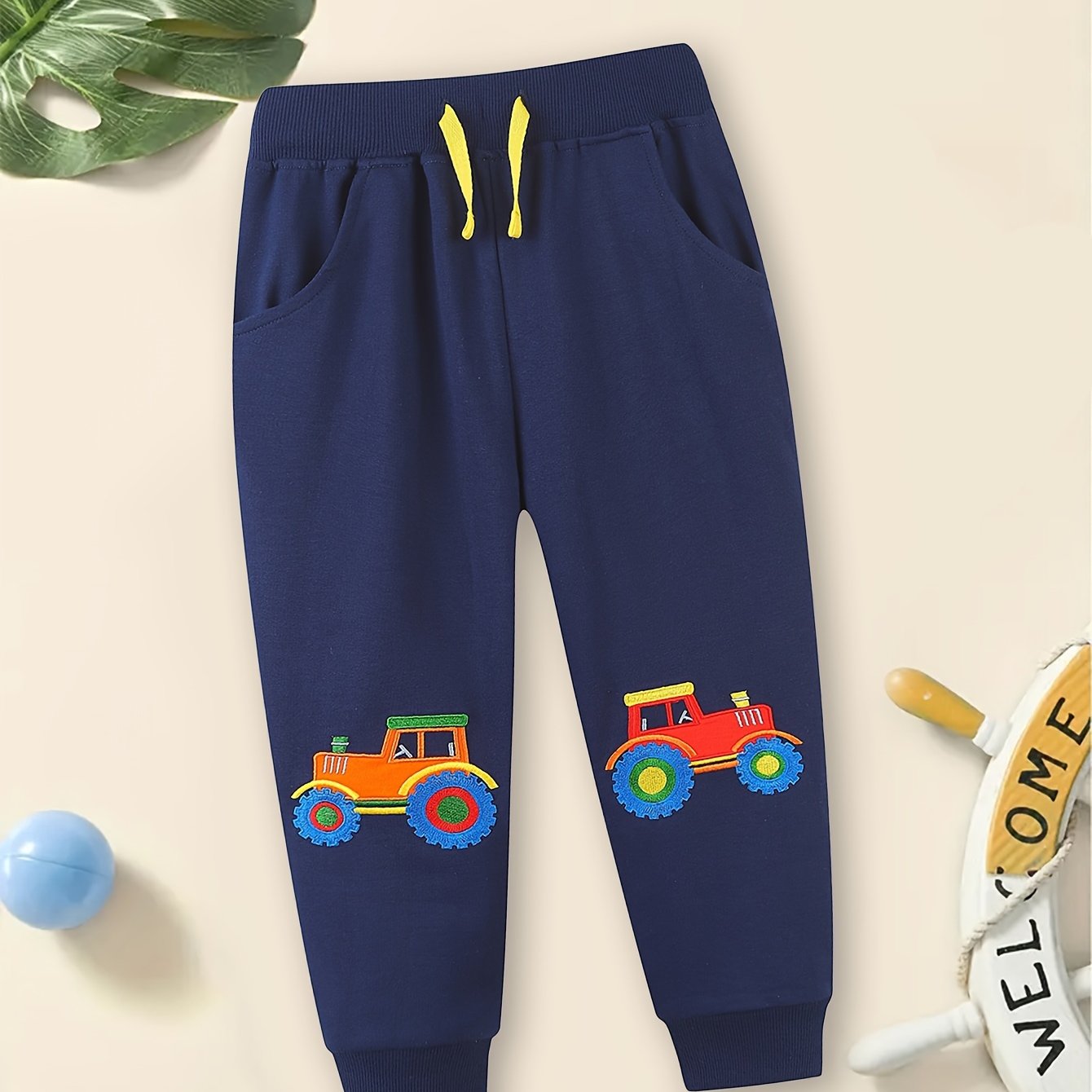 Boys' Tractor-themed Embroidered Jogger Pants - Casual Athletic Pants With Elastic Waist & Drawstring, Regular Fit For 2-7 Years, For Outdoor