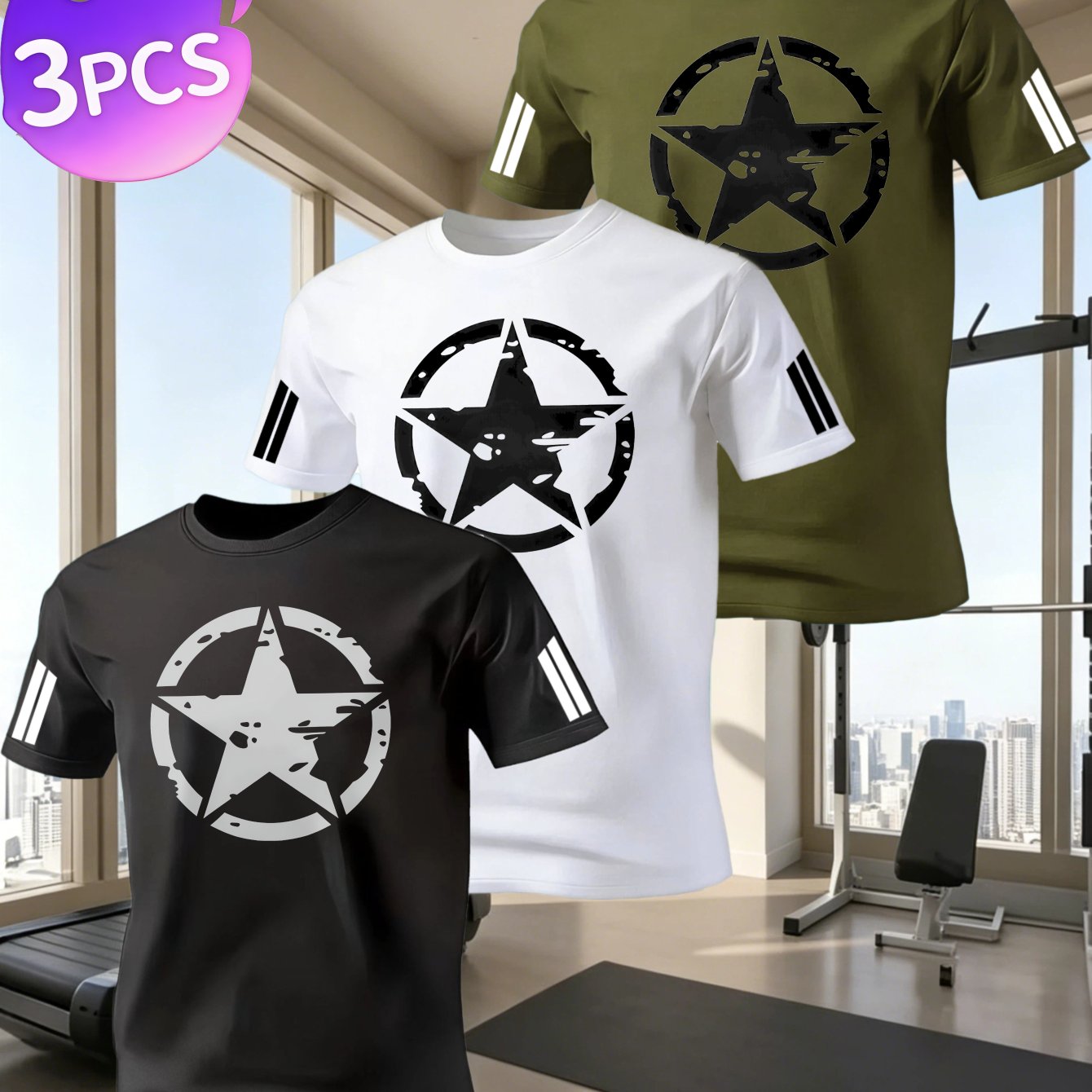 TEMU Lot de 3 T-shirts pour Homme à Motif Imprimé Étoile et Cercle, Design Tendance et pour le Fitness