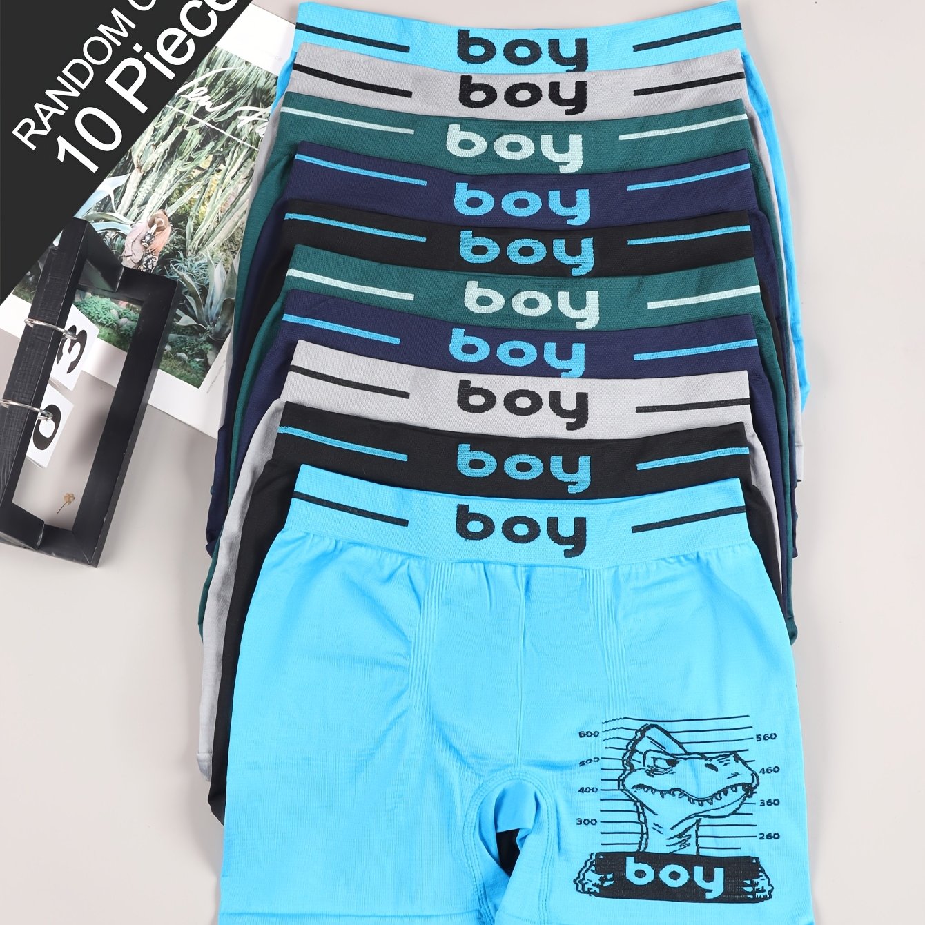 Image of 10pcs Random Mixed Colors Cute Dinosaur Boy Pattern Boys' Long Boxer Briefs, Stretchy Breathable Comfortable Seamless Youth Boys' Sports Underwear
