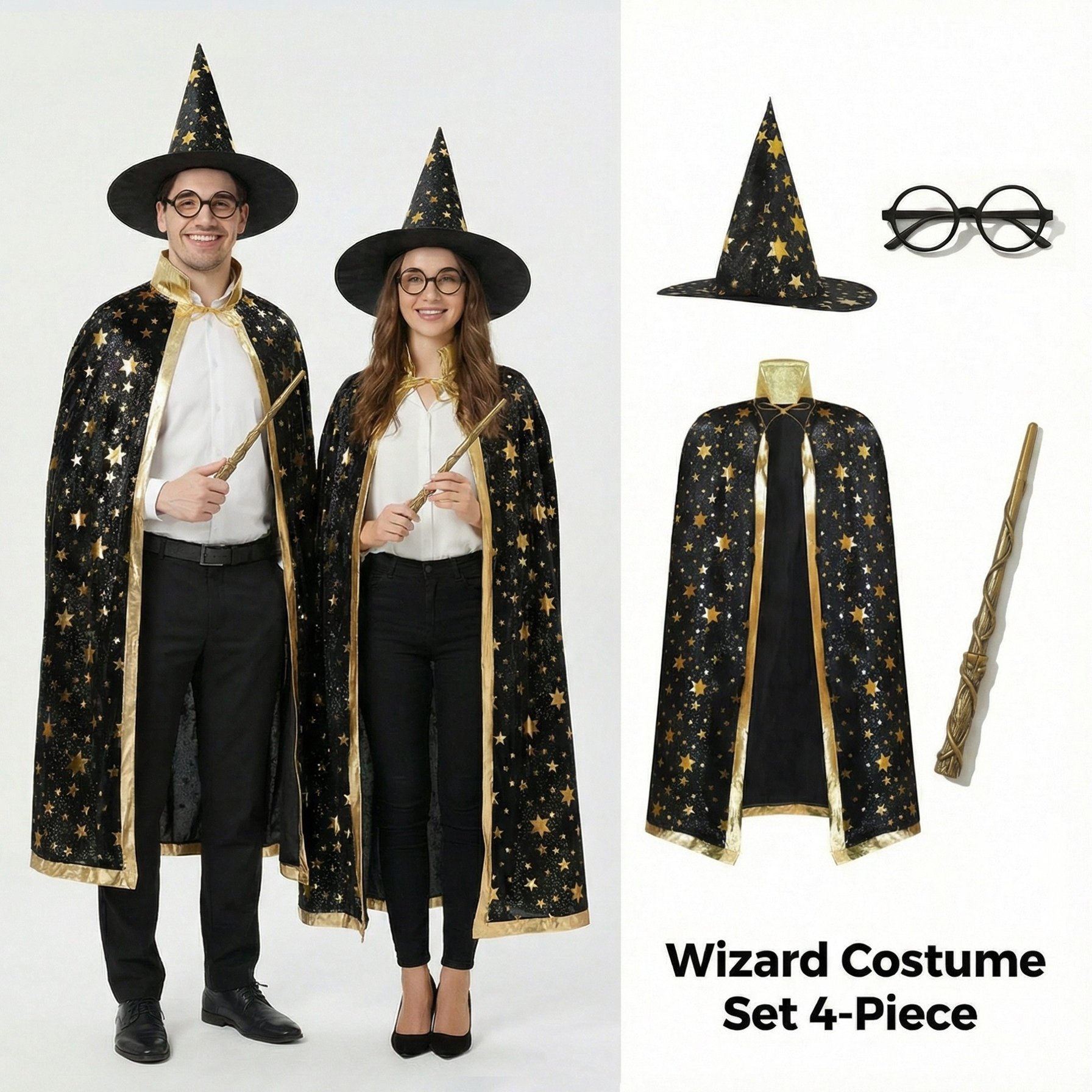 TEMU 4pcs Wizard Cloak Costume For Adults - Complete Robe With Sparkly , Pointed Wizard Hat, Wand & Round Frame | Non-lens Suitable For , Halloween