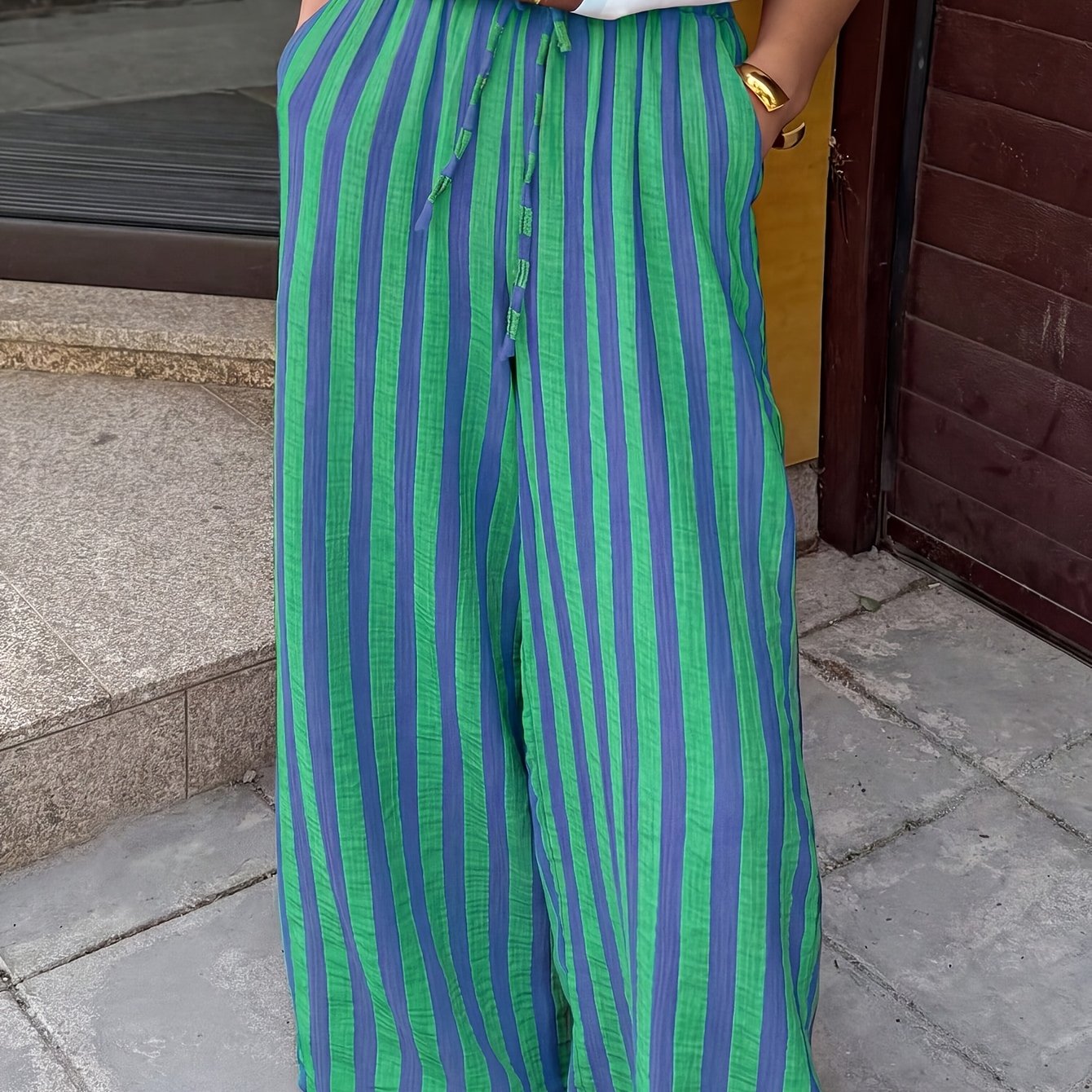 TEMU Straight Lace-up Striped Wide Pants - Elastic-free Suitable For Festive Wear, Daily Outfits & Parties, Machine Washable Trousers For Spring