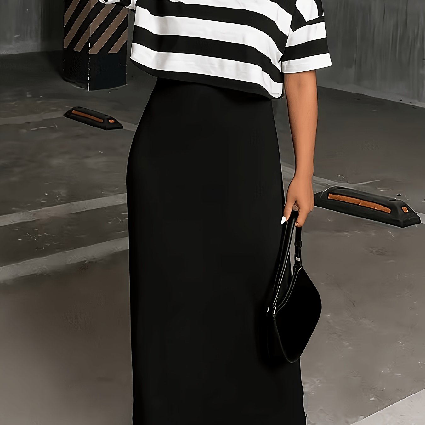 Plus Size, Plus-size Women's Fashionable Casual Versatile Commuter Striped And Patterned Top Dress Set