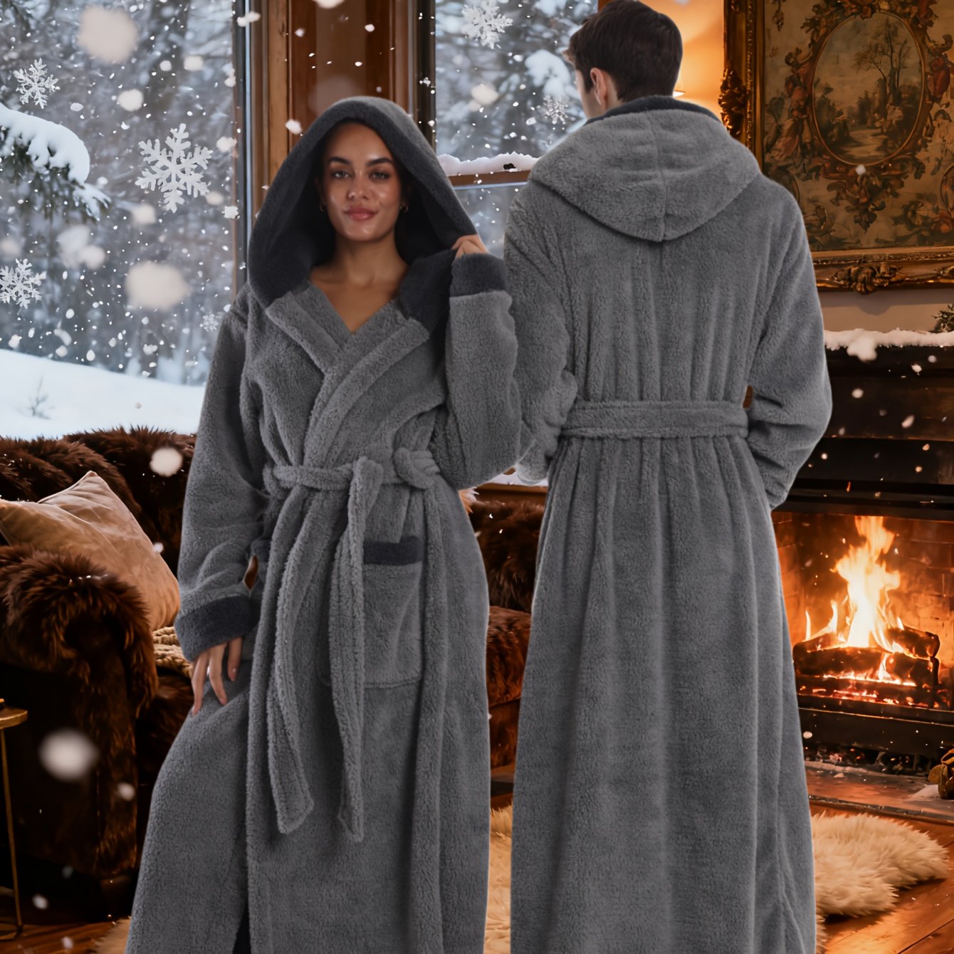 TEMU Men's Thickened Full-coverage Bathrobe - Coral Fleece Winter Robe With Hat - Unisex Couple Pajamas - New Lazy Blanket - Solid Color Robe
