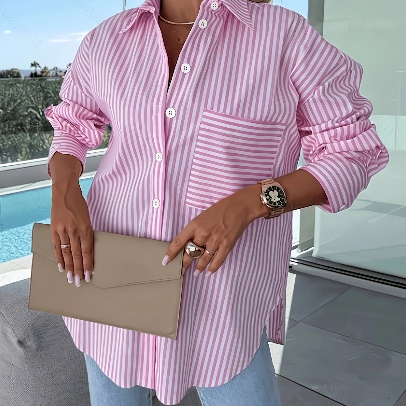 TEMU Women's Casual Loose-fit Striped Shirt For Vacation