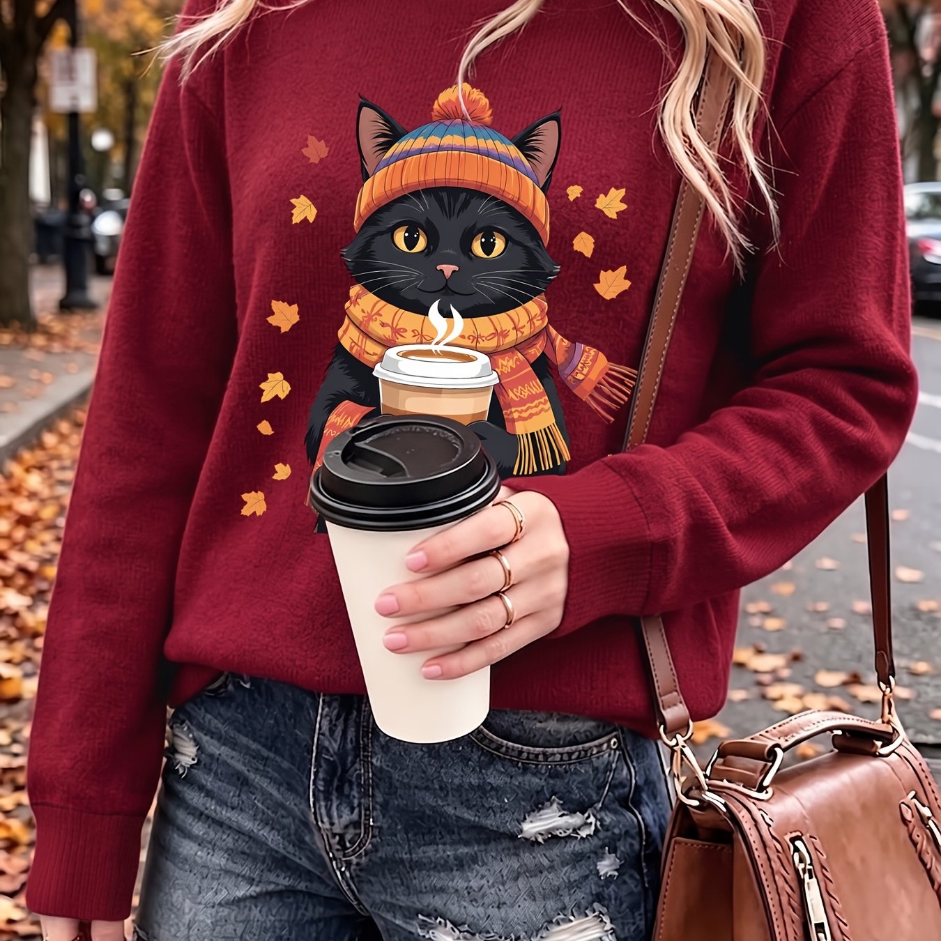 TEMU Cartoon Black Cat Wearing A Hat, Scarf, And Holding A Coffee Cup Pattern. Beautiful, Elegant, And Fashionable Women's Autumn/winter Sweater.