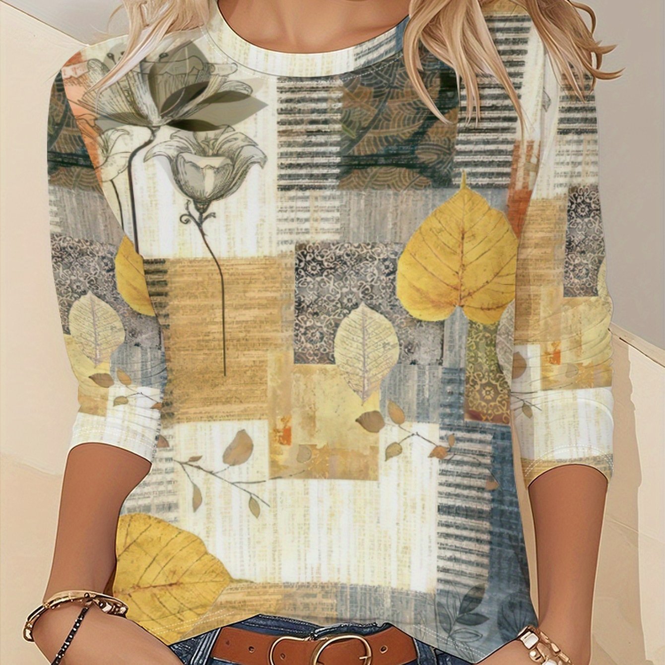 E-shop Langarm-T-Shirt mit Vintage-Blatt- Blumengrafikdruck, Langarm-Freizeitoberteil mit Rundhalsausschnitt, Frühling/Herbst, Damenbekleidung - Stil