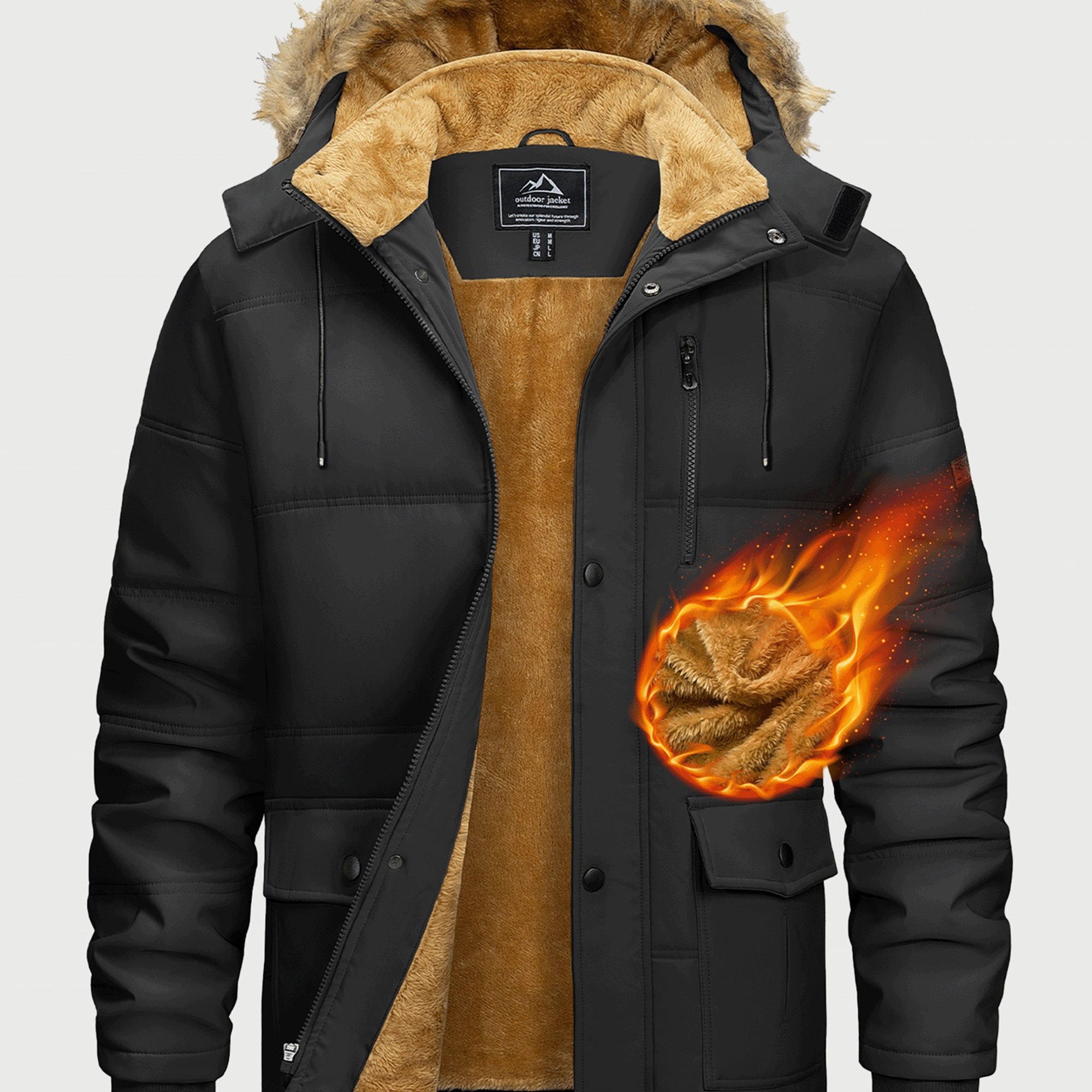 Image of Men's Winter Parka Hooded Thicken Warm Lined Detachable Hood Adjustable Drawstring Hem Multi-pockets Side Flap Pockets Chest Pocket Inner Pocket For Daily Hiking Camping Skiing Winter