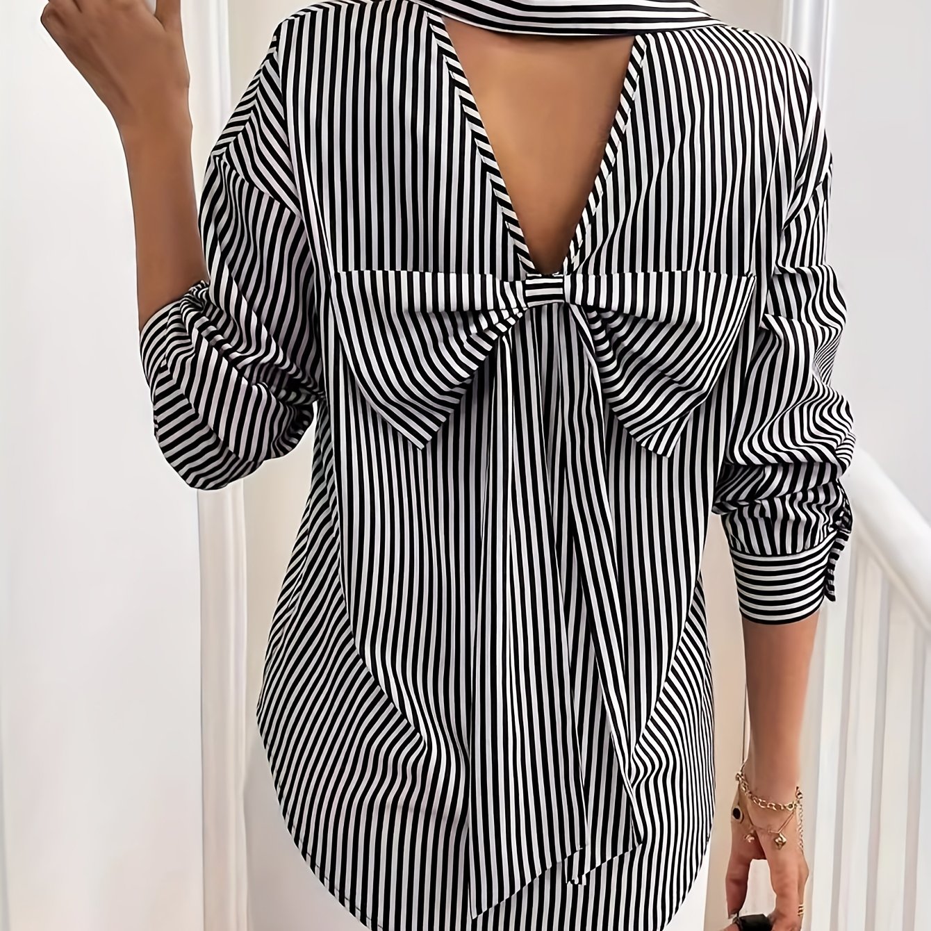 Women's Black & White Striped Shirt Jacket With Bow Back Collar - Long Sleeve Blouse Top, Non-stretch Button-front Coat For Spring Summer Fall, Casual & Formal Wear (vertical Stripes)