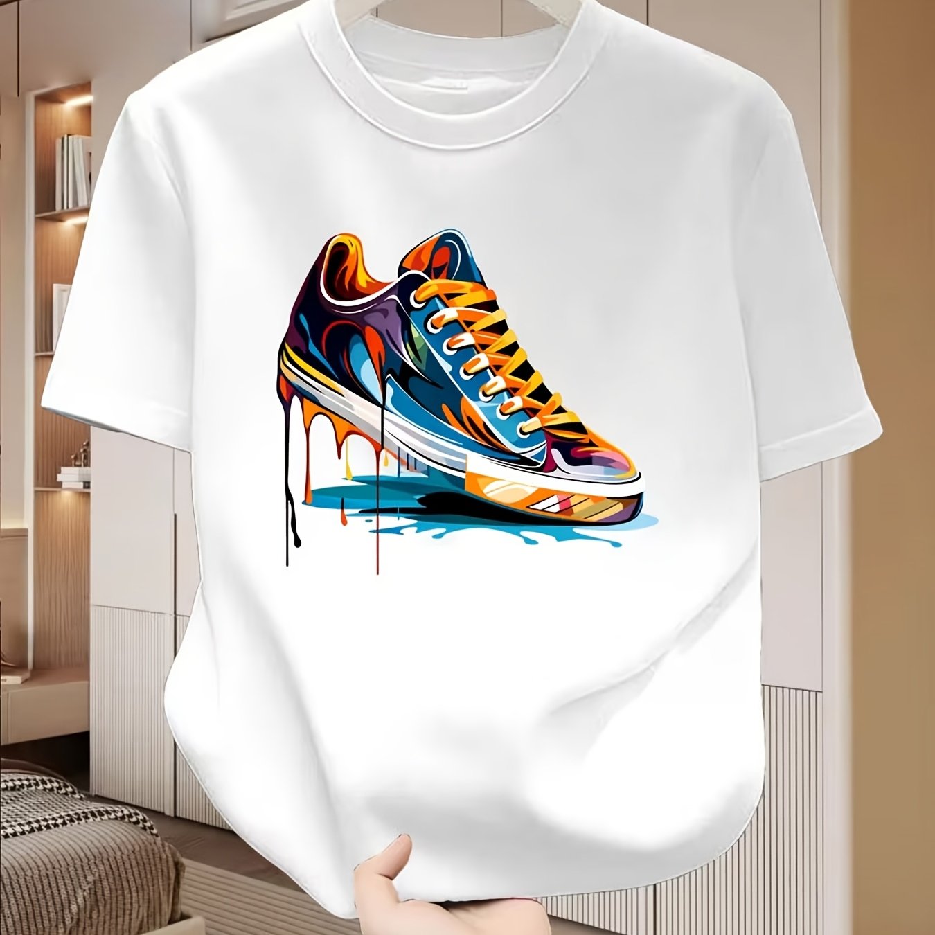 TEMU T-shirt da a maniche corte con stampa graffiti di sneaker e design streetwear con schizzi di - Maglia casual traspirante, vestibilit� regolare