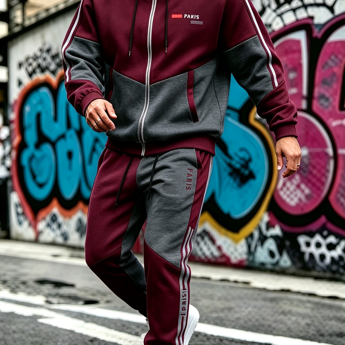 Image of Men's Polyester Hooded Sweatshirt Set, Loose Legged Sports Trousers 2pcs Set, Street Fashion Printed Casual Sports Suit