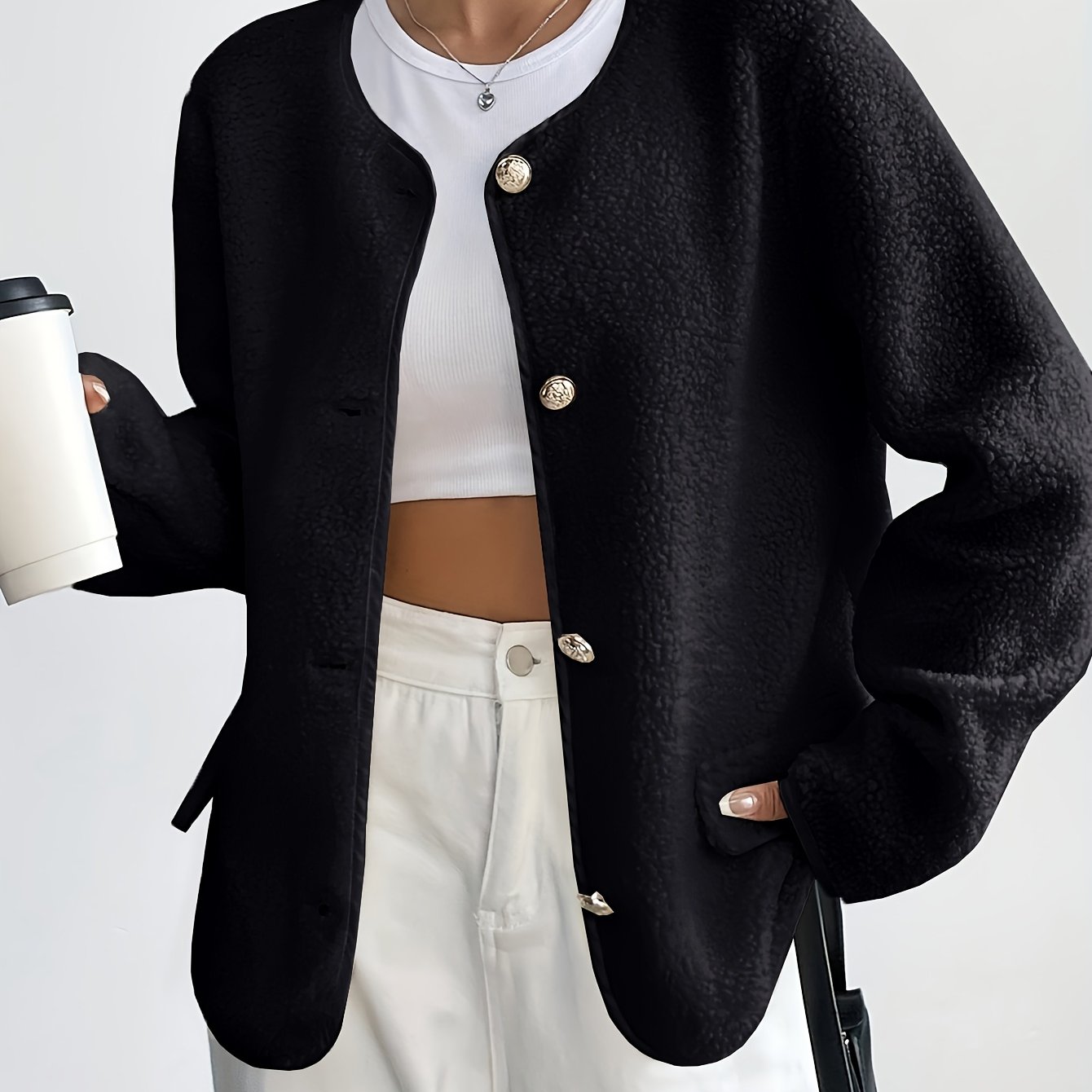 Plus Size - Gu Xiang Elegant Solid Color Women's Jacket, Round Neck With Button Details, Autumn Winter Coat