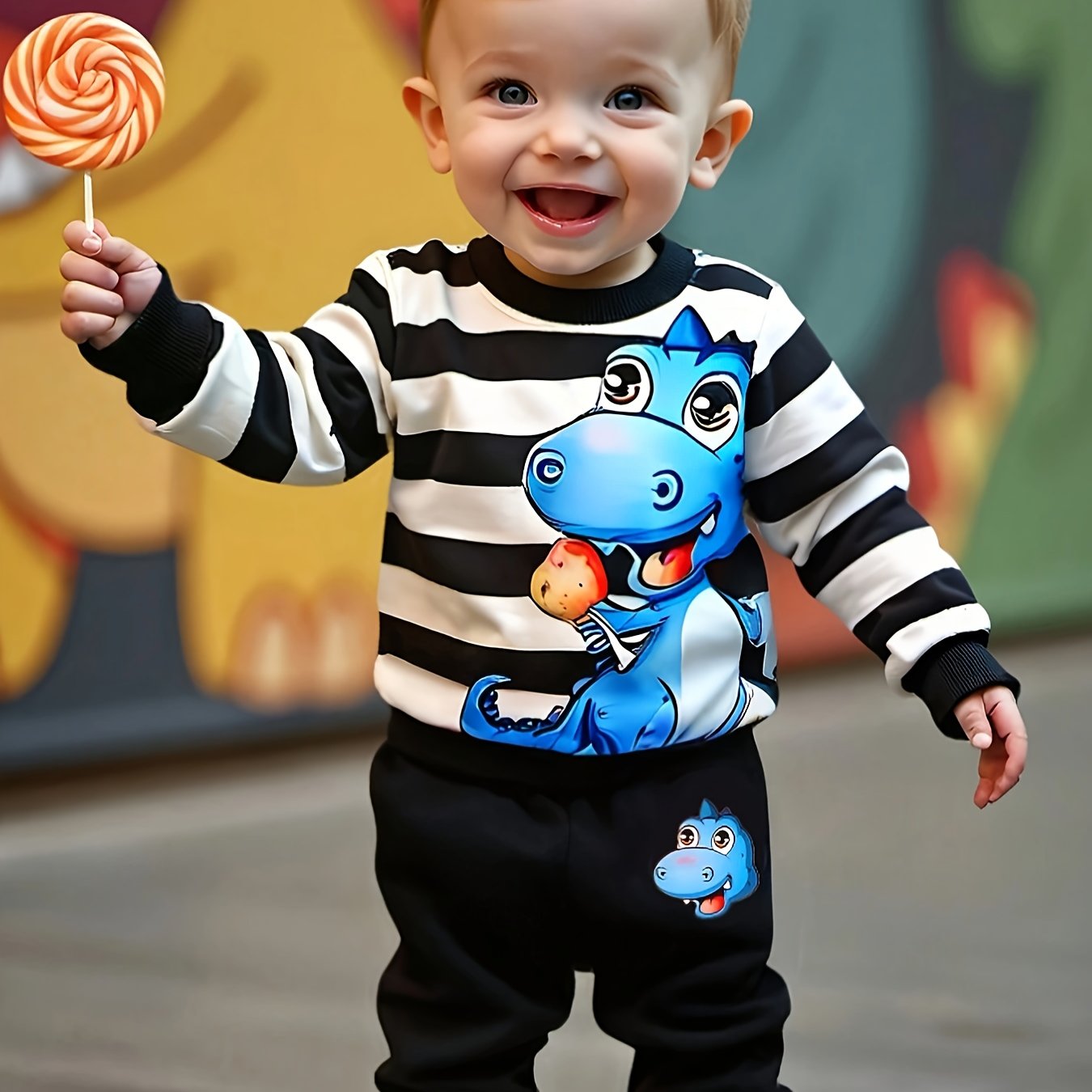 Image of Boys' Autumn/winter Cute Cartoon Dinosaur Print Striped Hooded Sweatshirt + Black Dinosaur Print Sweatpants 2pcs Set, Perfect For Outdoor,christmas,halloween