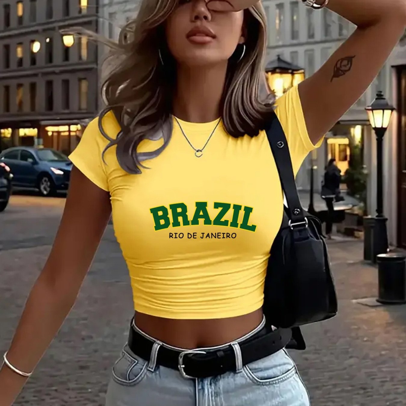 TEMU 1pc Women's Y2k Style Yellow Short-sleeve Top, Brazilian Design, Slim Fit Cut Shows Figure, Patterned Short T-shirt, , Summer Fashion, Single