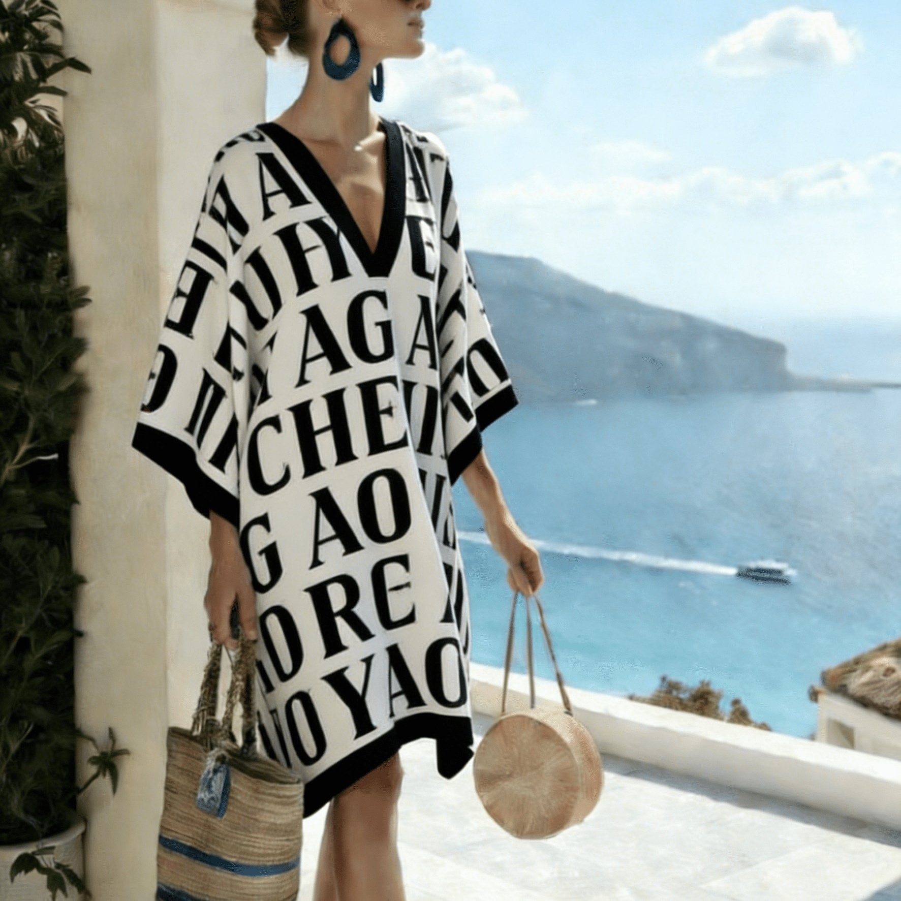 Plus Size - Trendy Letter Graffiti Print Plus Size Women V-neck Batwing Sleeve Loose Oversized Kaftan Mini Dress Black White Contrast Trim Lightweight Beach Vacation Cover Up Tunic