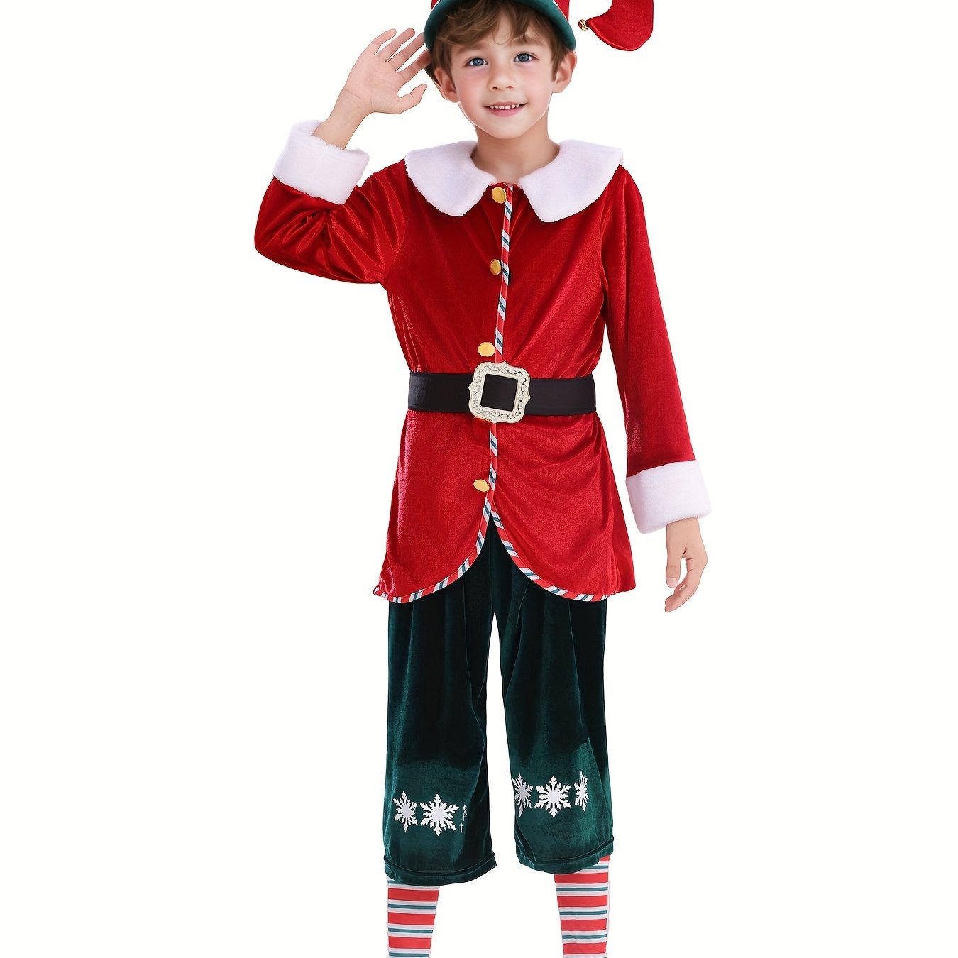 Image of Kids Christmas Elf Costume Red Velvet Jacket Green Printed Pants Hat Belt Socks Full Set Holiday Party Fancy Dress Up