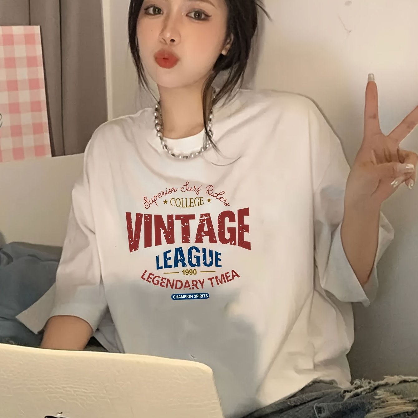 TEMU 여성 레트로 레터 프린트 크루넥 풀오버 반팔 티셔츠 여름 디자인 패셔너블 외모 스타일 루즈핏 탑
