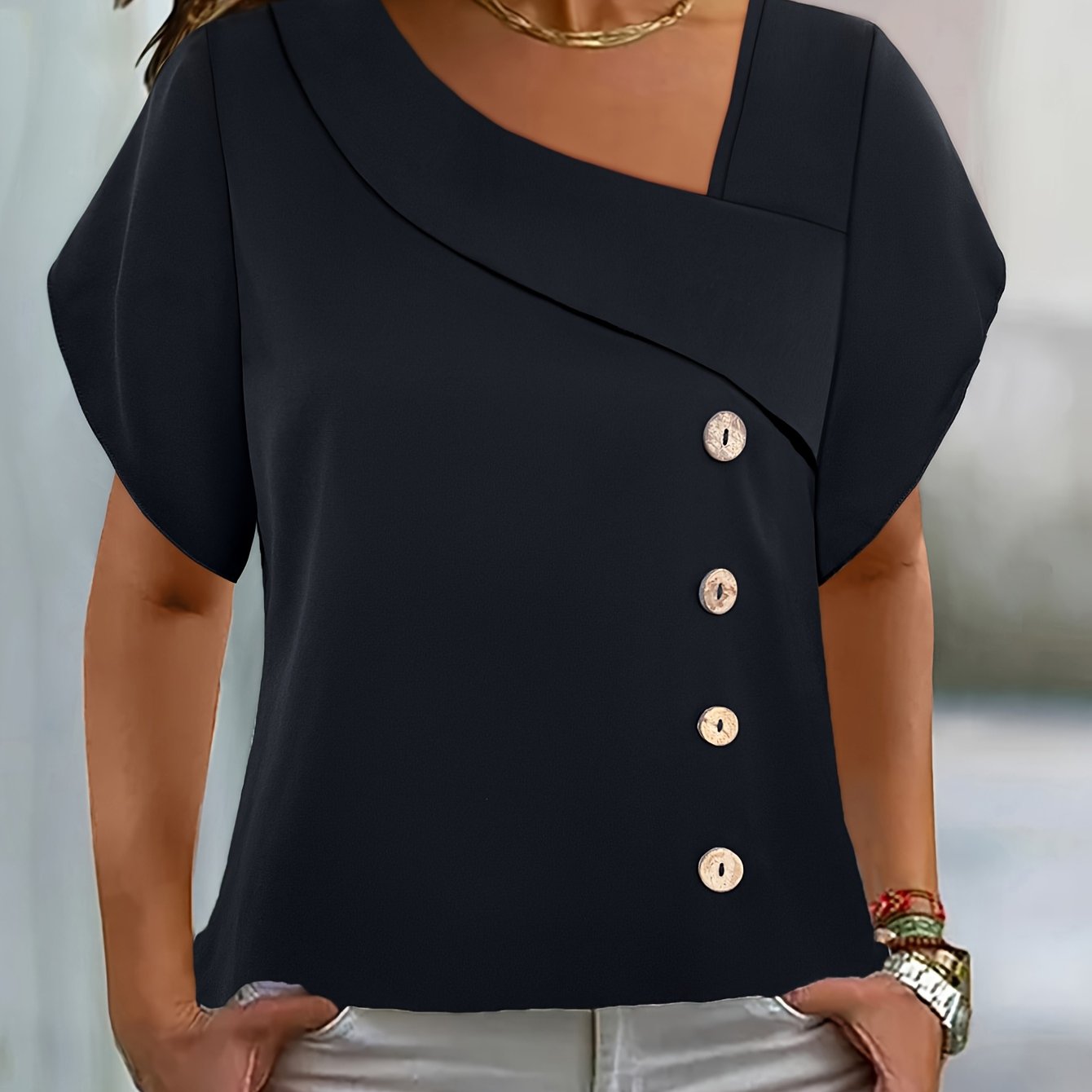 TEMU Womens Tops And Blouses Summer Women's Asymmetrical Neck Blouse, Black Short Sleeve Top With Decorative Buttons, Casual Elegant Office & Daily
