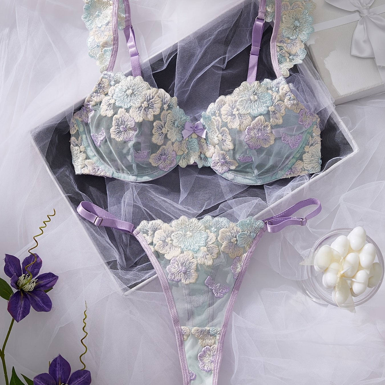 Women's Set Featuring Delicate Floral Embroidery And A Bow Decoration With Thin Straps