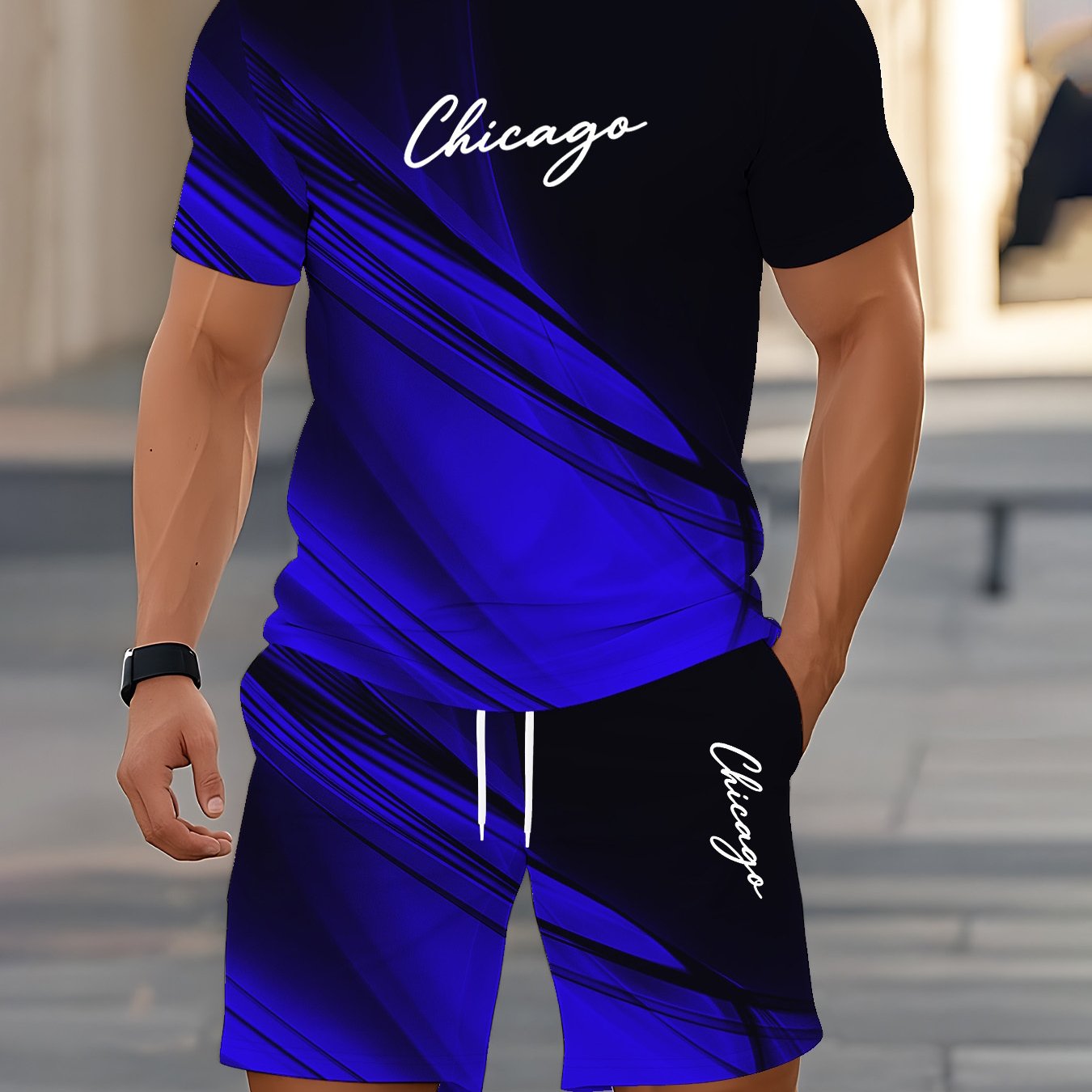 TEMU Men's T-shirt And Shorts, Men's Chicago Hand-written Gradient Round Neck T-shirt And Shorts 2pcs Set, Western Casual Individual Full Outfit,