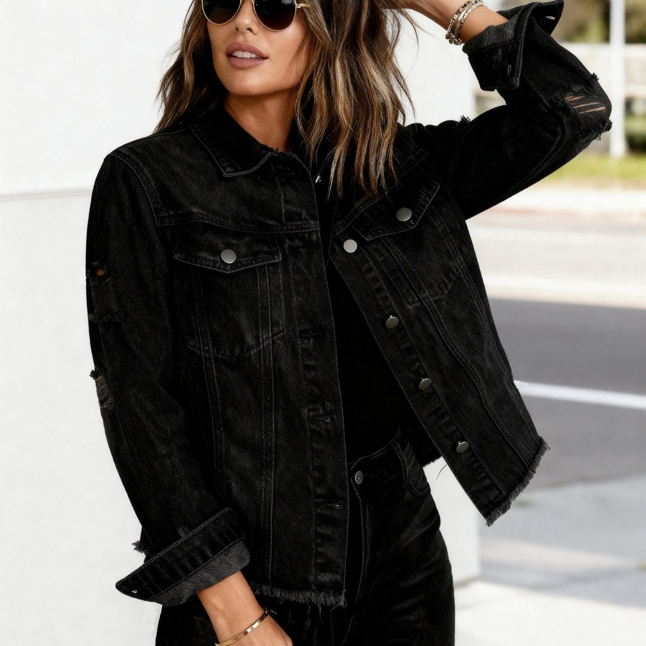Image of New Four-season Straight-shoulder -edge Plus-size Denim Top, Black Fashionable And Trendy Slim-fit Jacket