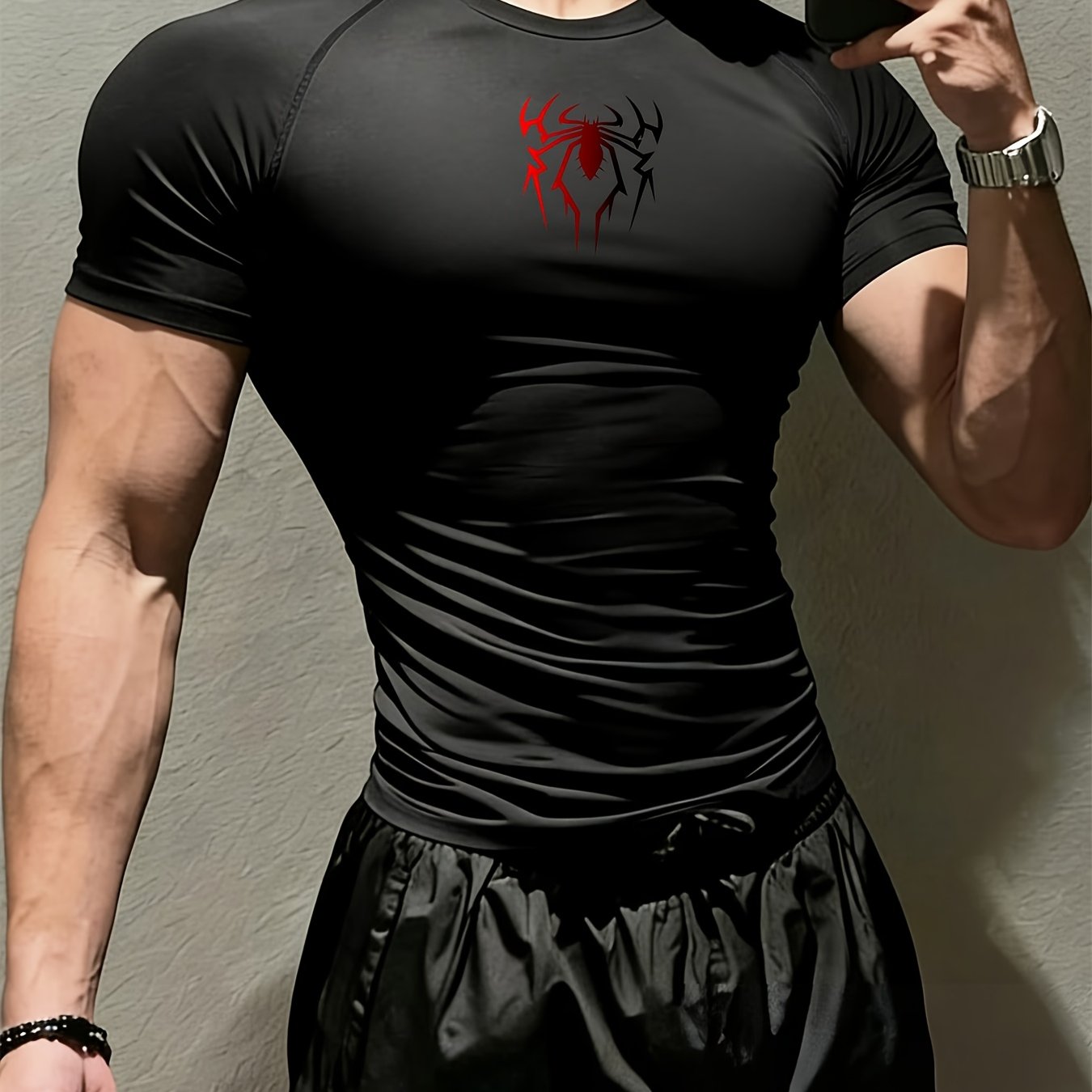 TEMU Gothic Style Print Men's Quick-dry Compression T-shirt Breathable Slim Fit Fitness Athletic Top Suitable For Running Gym Hiking Cycling Outdoor