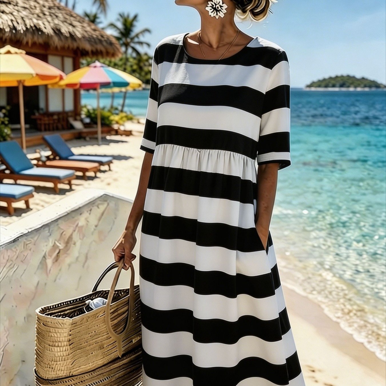 Image of Plus Size - New Arrival Plus Size Round Neck Dress, Loose 3/4 Sleeve Empire Waist Midi Dress, Black White Wide Horizontal Stripe With Side Pockets, Easy Wear