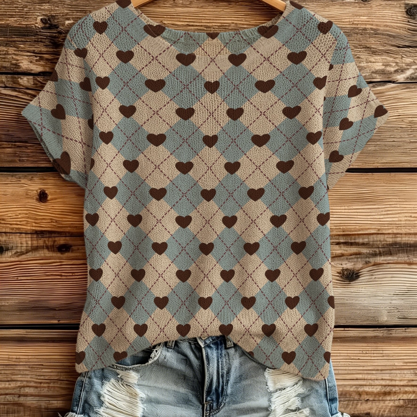 TEMU [lightweight Sweater] Spring Summer Women's Short Pullover, Fresh And Beautiful, Light Blue Diamond Print, Classic Diamond Check Base With Mini