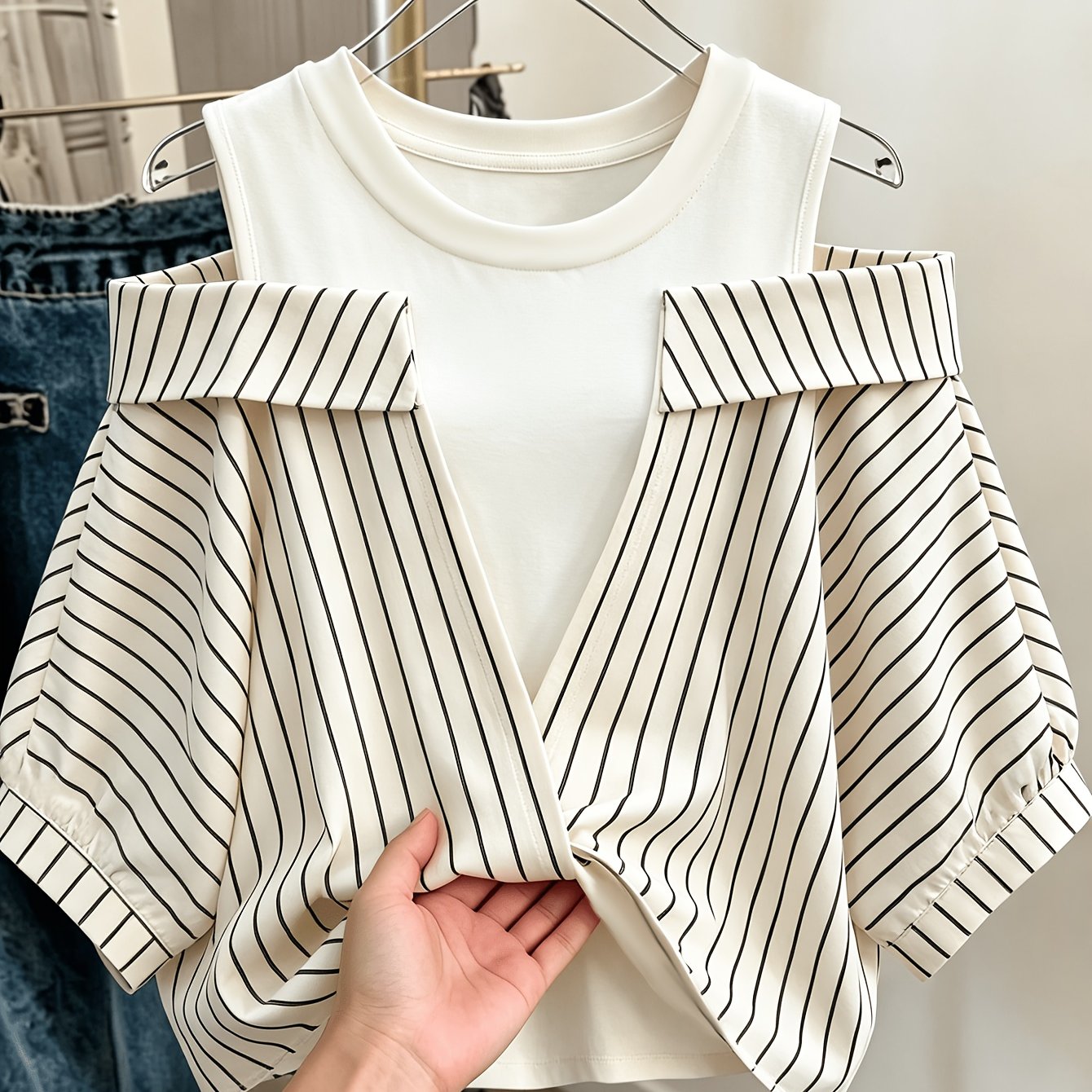 TEMU Fashionable And Simple Commuter 2-in-1 Look Striped Twist Knot Short-sleeve Top, Casual Daily Loose-fit Versatile Top, Designer Off-shoulder