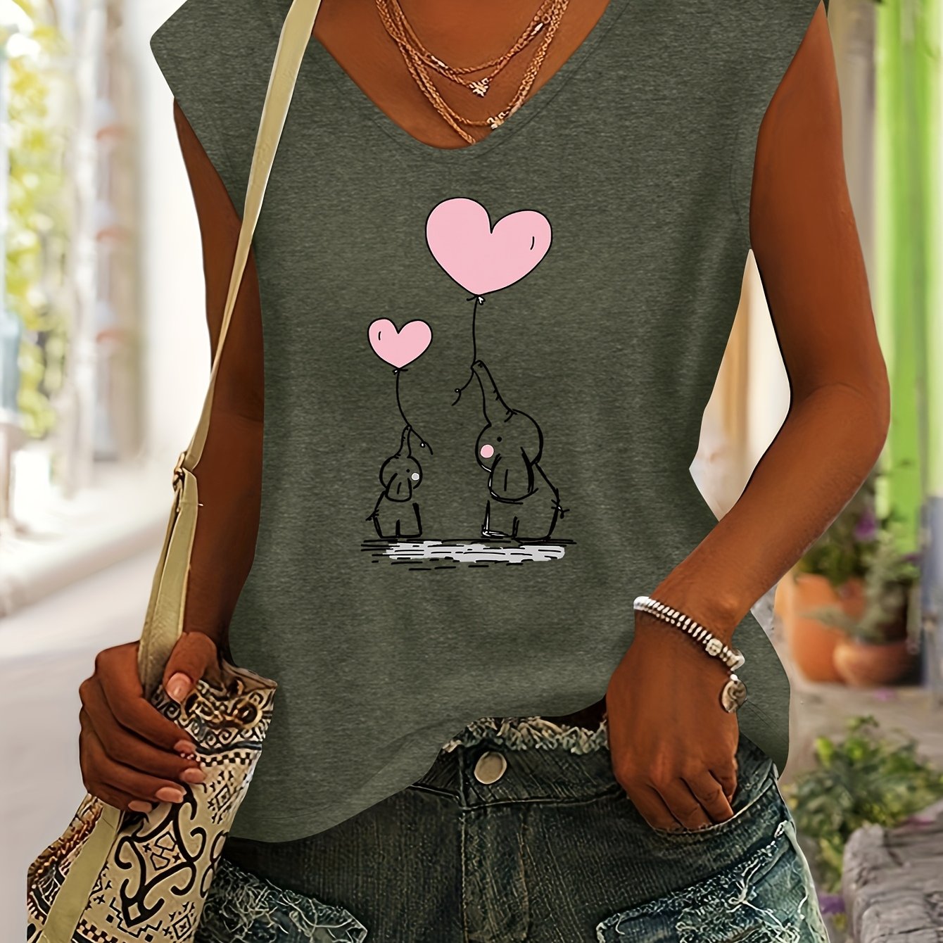 TEMU T-shirt da donna a maniche corte con scollo a V dolman, versatile, casual da indossare, stile e americano, con stampa di elefante amato, per