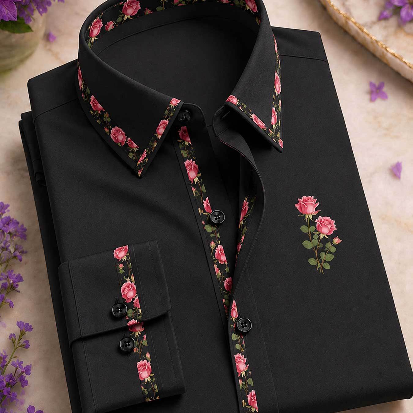 Image of Summer 's Rose Print Double-button Collar Long Sleeve Shirt, Stylish Elegant Design Perfect For Weddings, Parties, And Formal Business Events